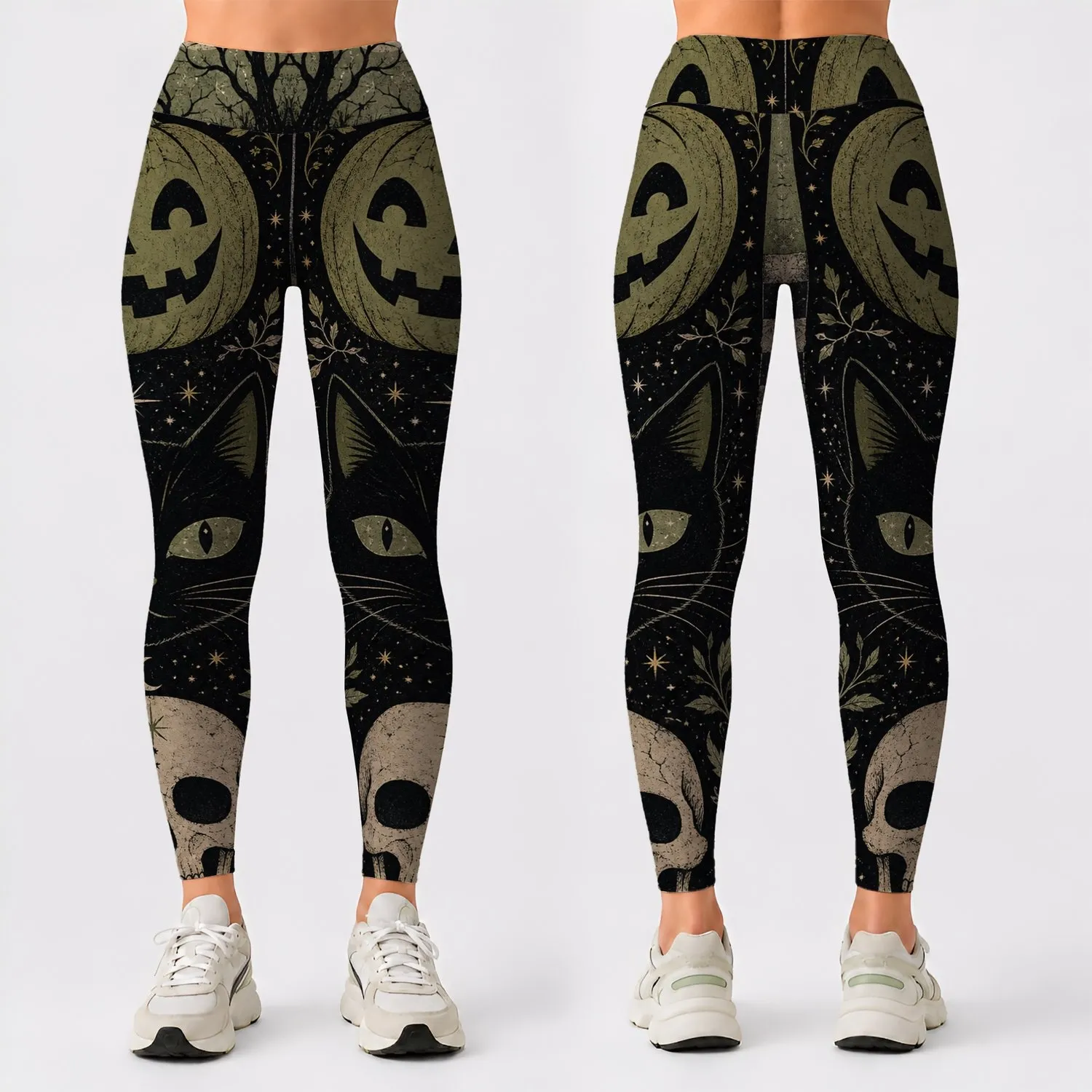 Halloween Skull Pumpkin Patchwork Gothic Folk Collage For Spooky Vintage Outfits Leggings - 1