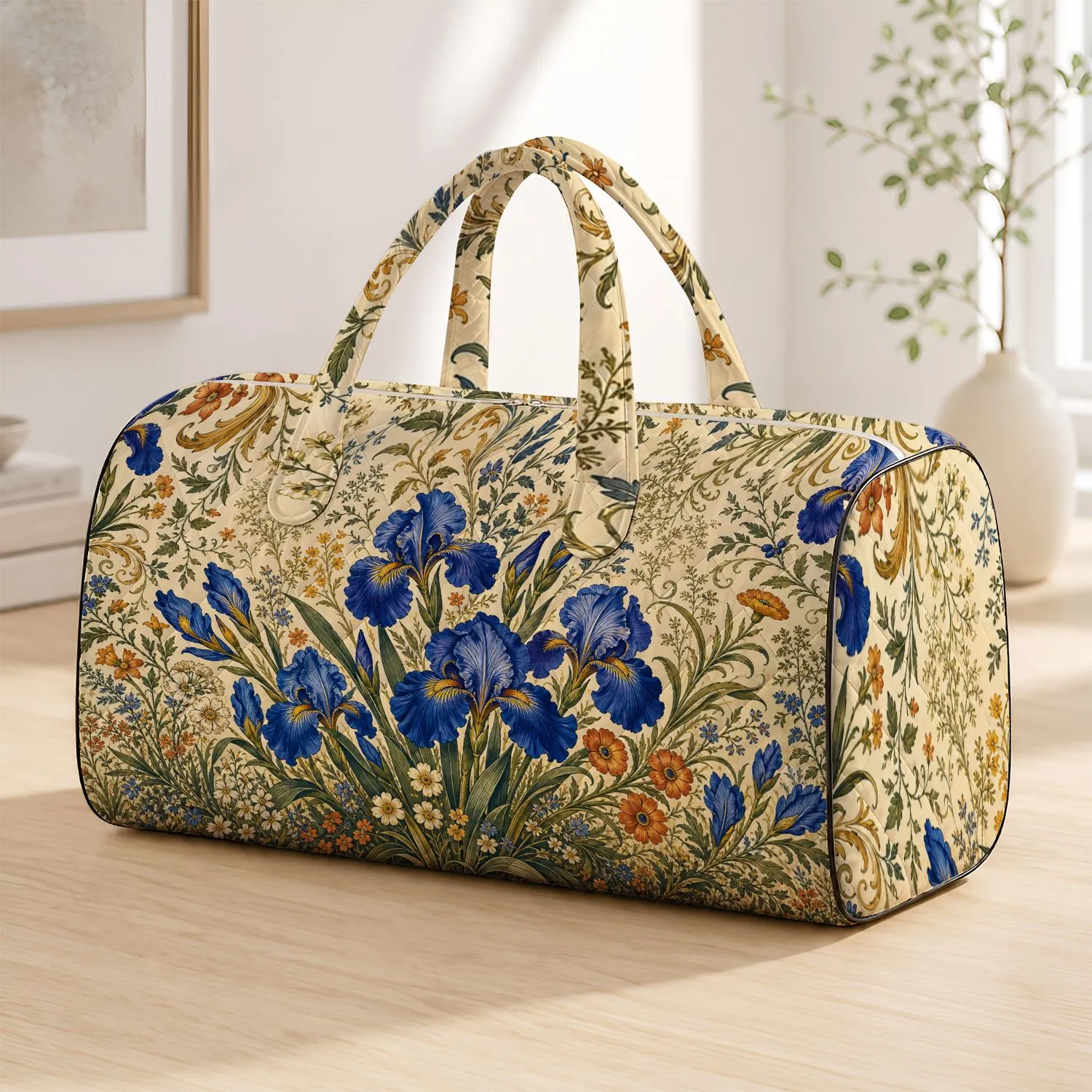 Vintage Blue Iris And Orange Daisy Botanical Meadow For Cottage Garden Travel Style Quilted Weekend Bag - 1