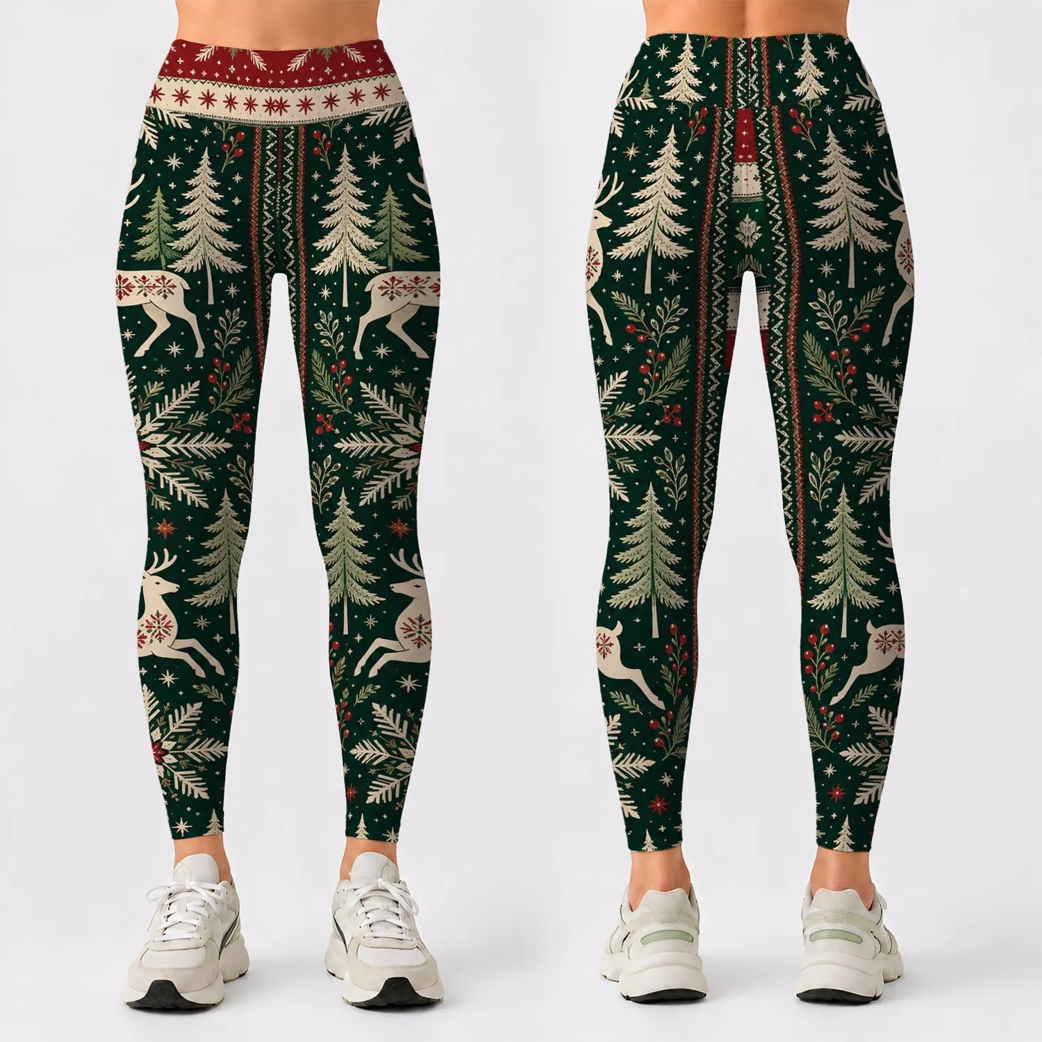 Nordic Reindeer Snowflakes And Evergreen Stripes For Christmas Yoga And Winter Gym Leggings - 1