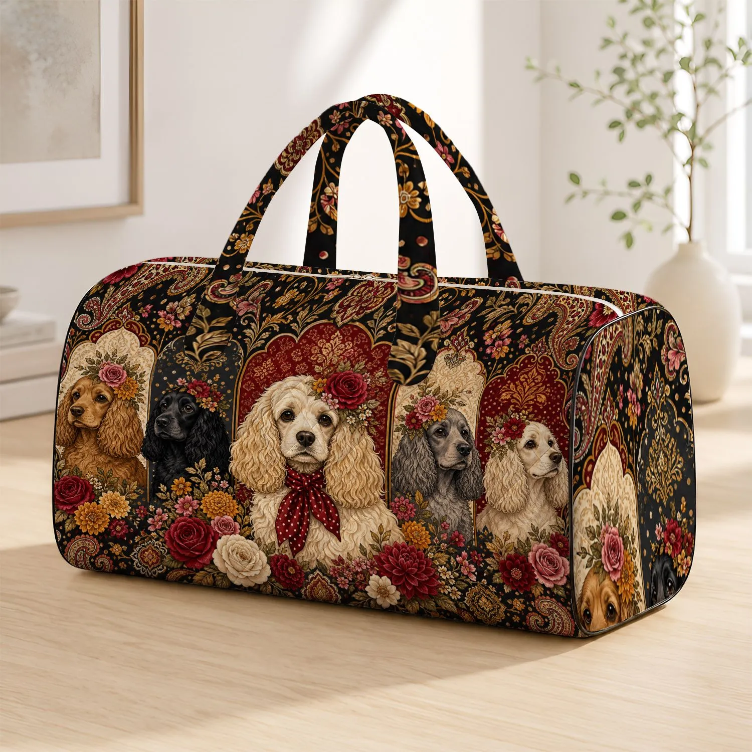 Long Eared Dogs With Florals Heritage Travel Style For Elegant Pet Lovers And Dog Moms Quilted Weekend Bag - 1