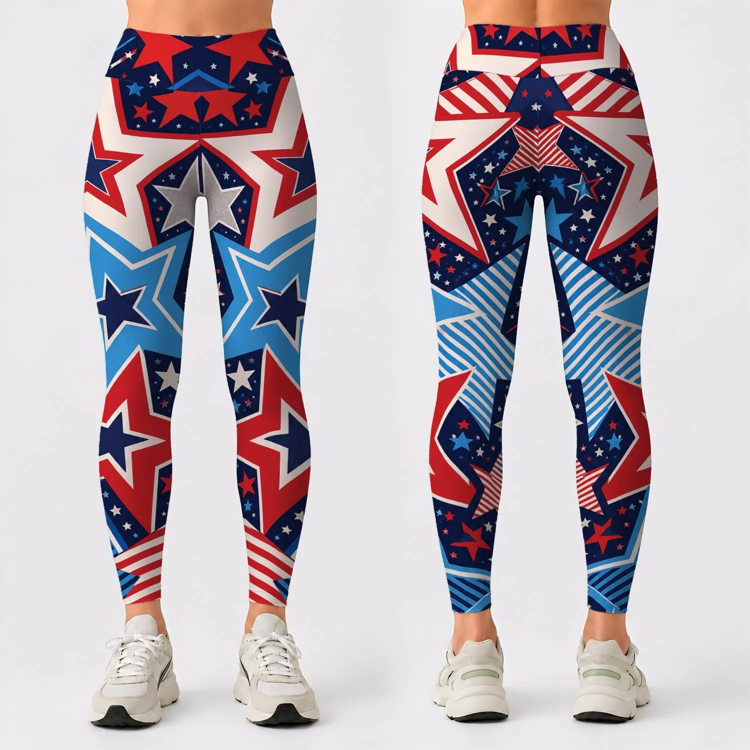 Bold Patriotic Starburst Americana Red White Blue Summer Festival Party Outfit Style Leggings - 1