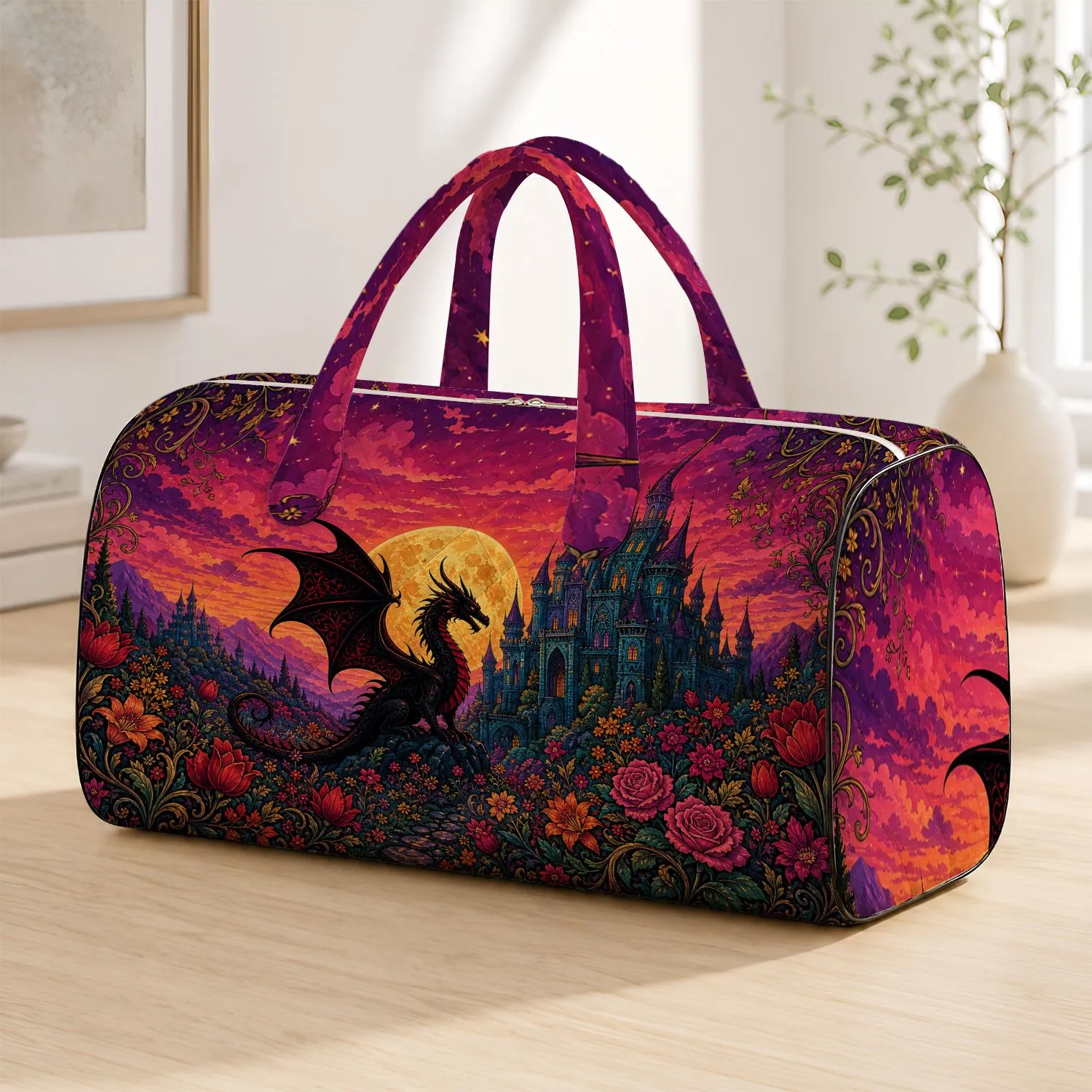 Black Dragon Castle Garden With Golden Moon For Gothic Fantasy Travel Style Women Quilted Weekend Bag - 1
