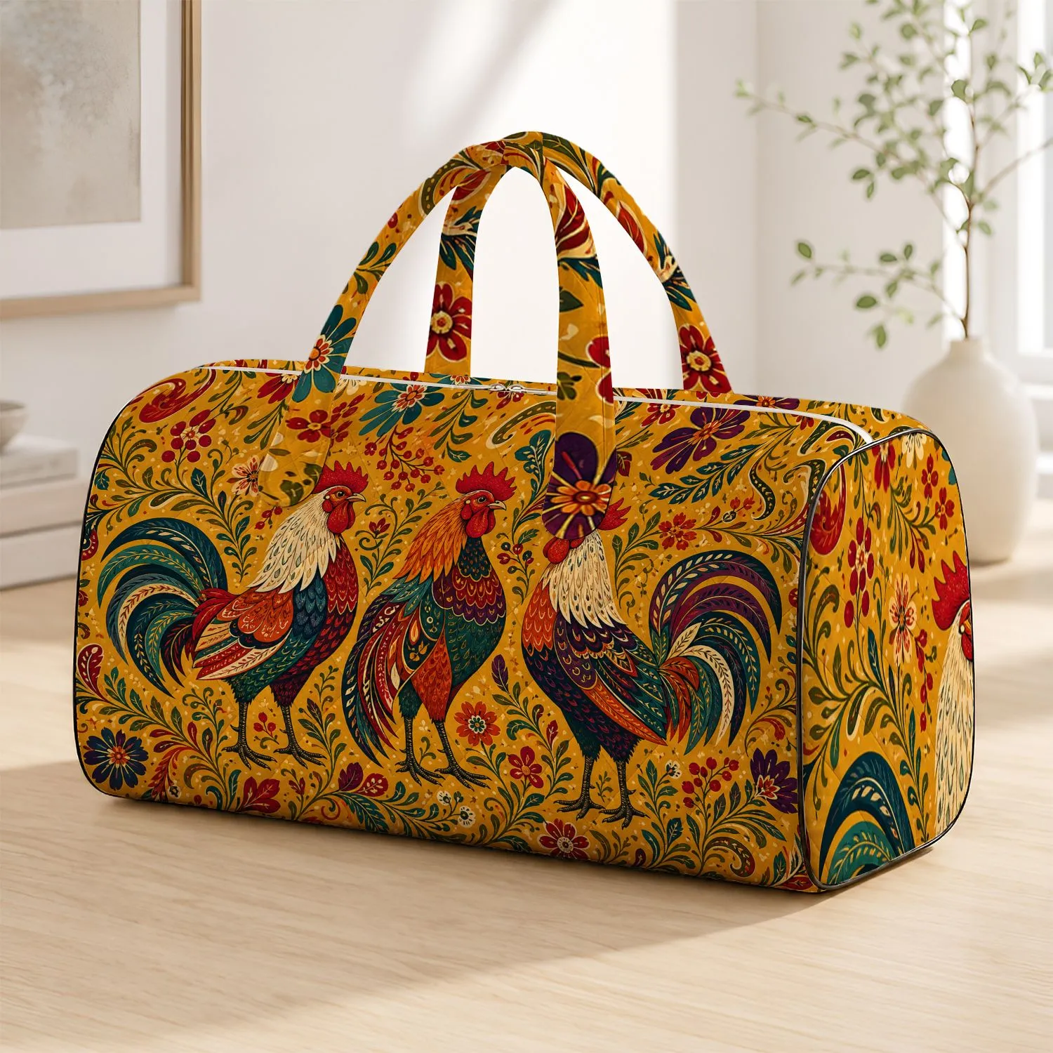 Vintage Folk Art Roosters With Mustard Florals For Farmers Market Weekends Women Quilted Weekend Bag - 1