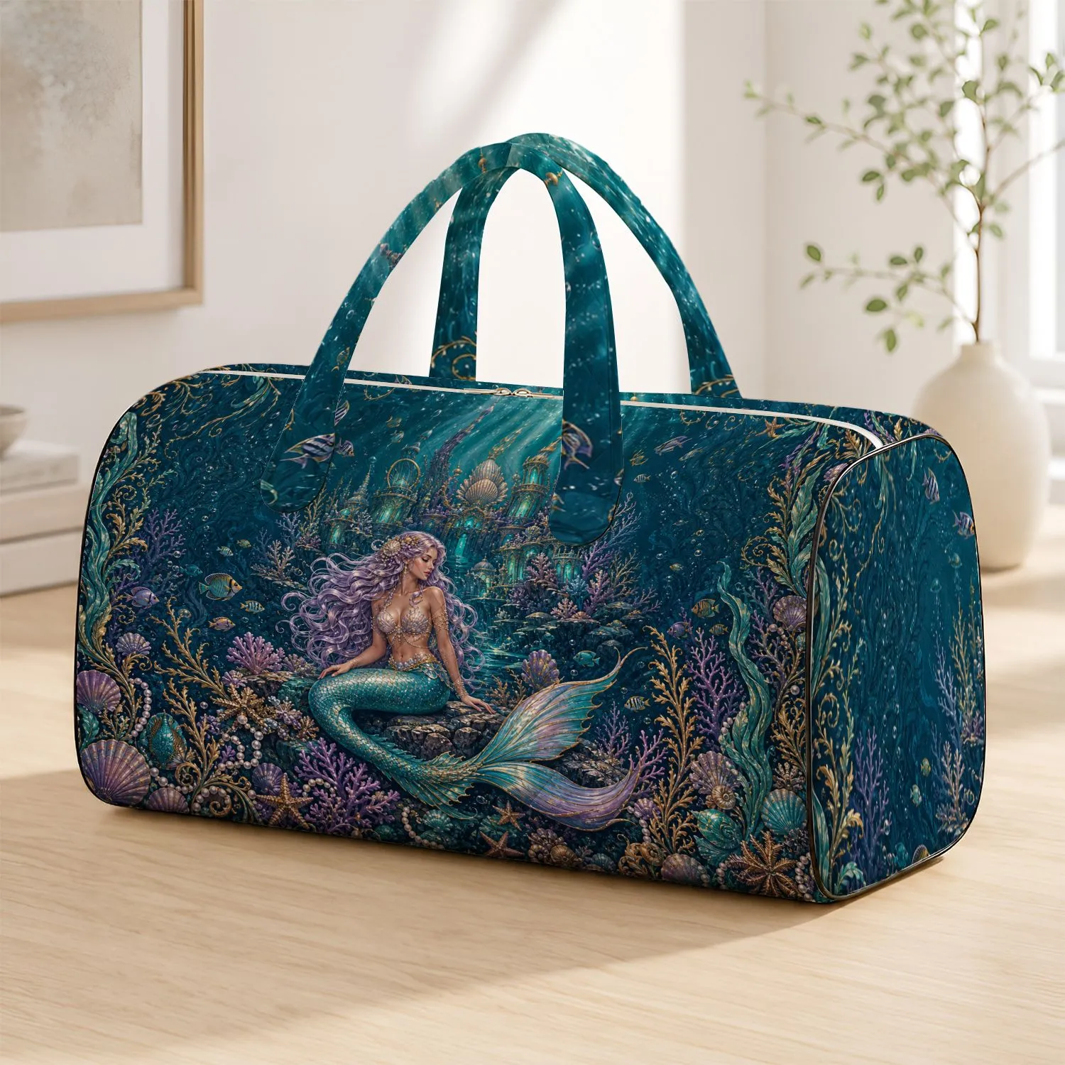 Elegant Fantasy Mermaid Ocean Palace With Teal Coral Accents For Beach Travel Style Quilted Weekend Bag - 1