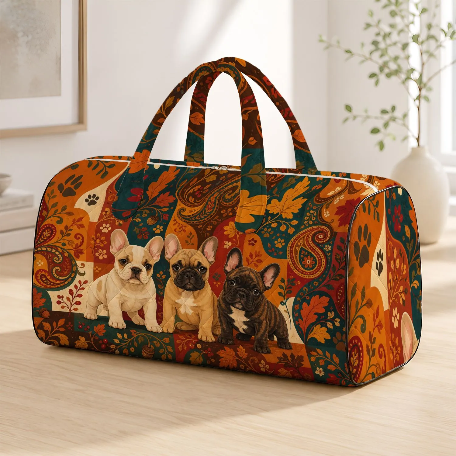French Bulldog Puppies Autumn Color Block Pet Lover Travel Gift For Thanksgiving Dog Moms Quilted Weekend Bag - 1