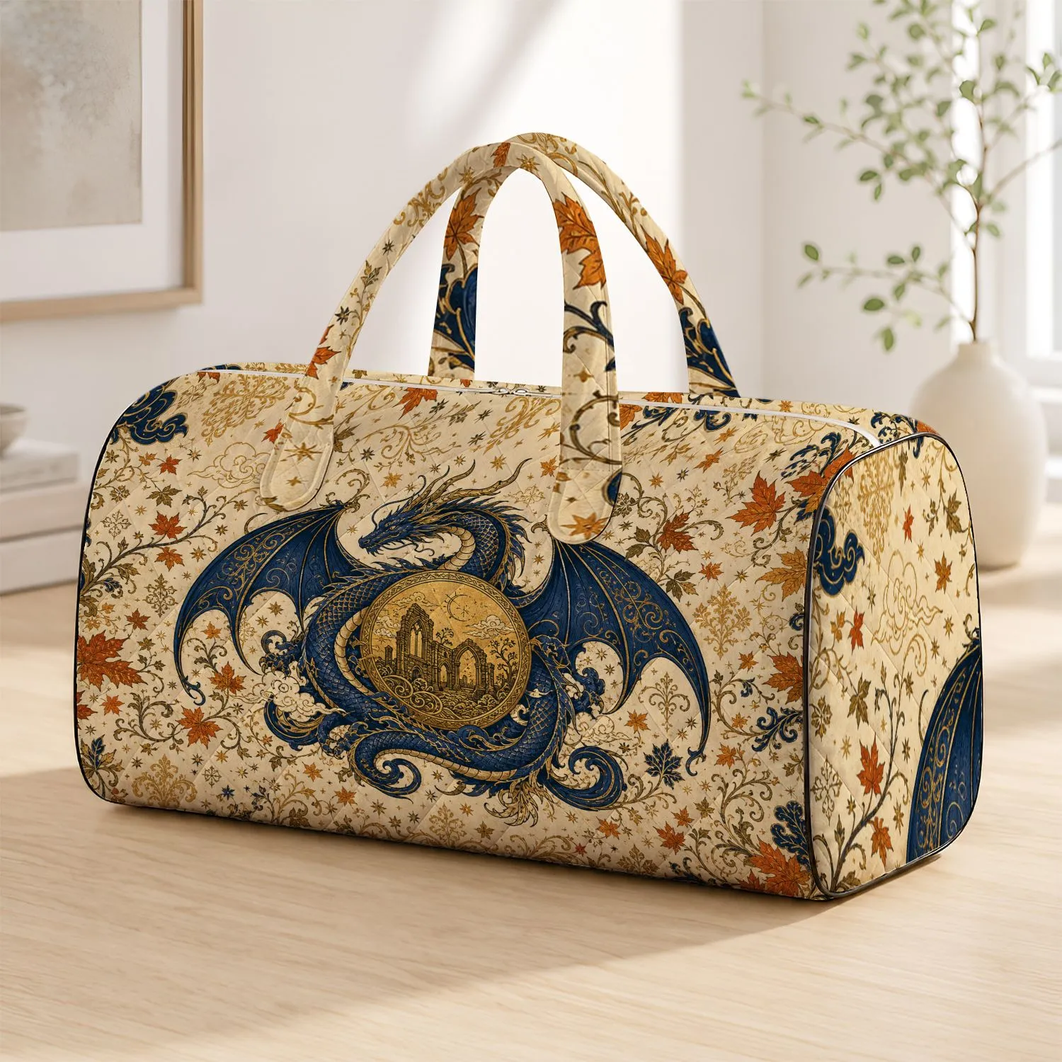 Mythic Blue Dragon Gold Moon Medallion With Autumn Leaves For Fantasy Travel Gifts Quilted Weekend Bag - 1