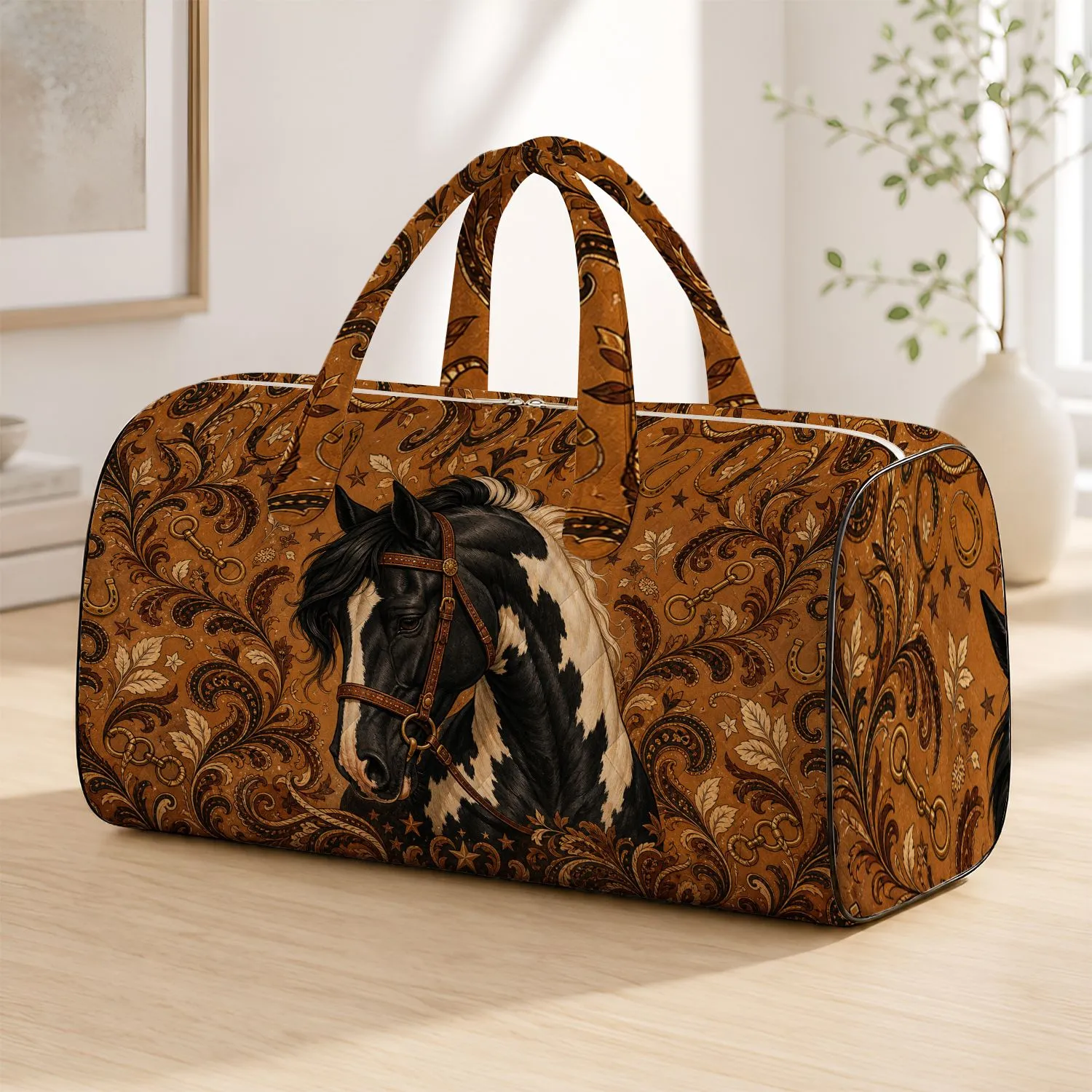 Pinto Horse Head With Bridle Heritage Western Equestrian Style For Horse Lovers And Riders Quilted Weekend Bag - 1