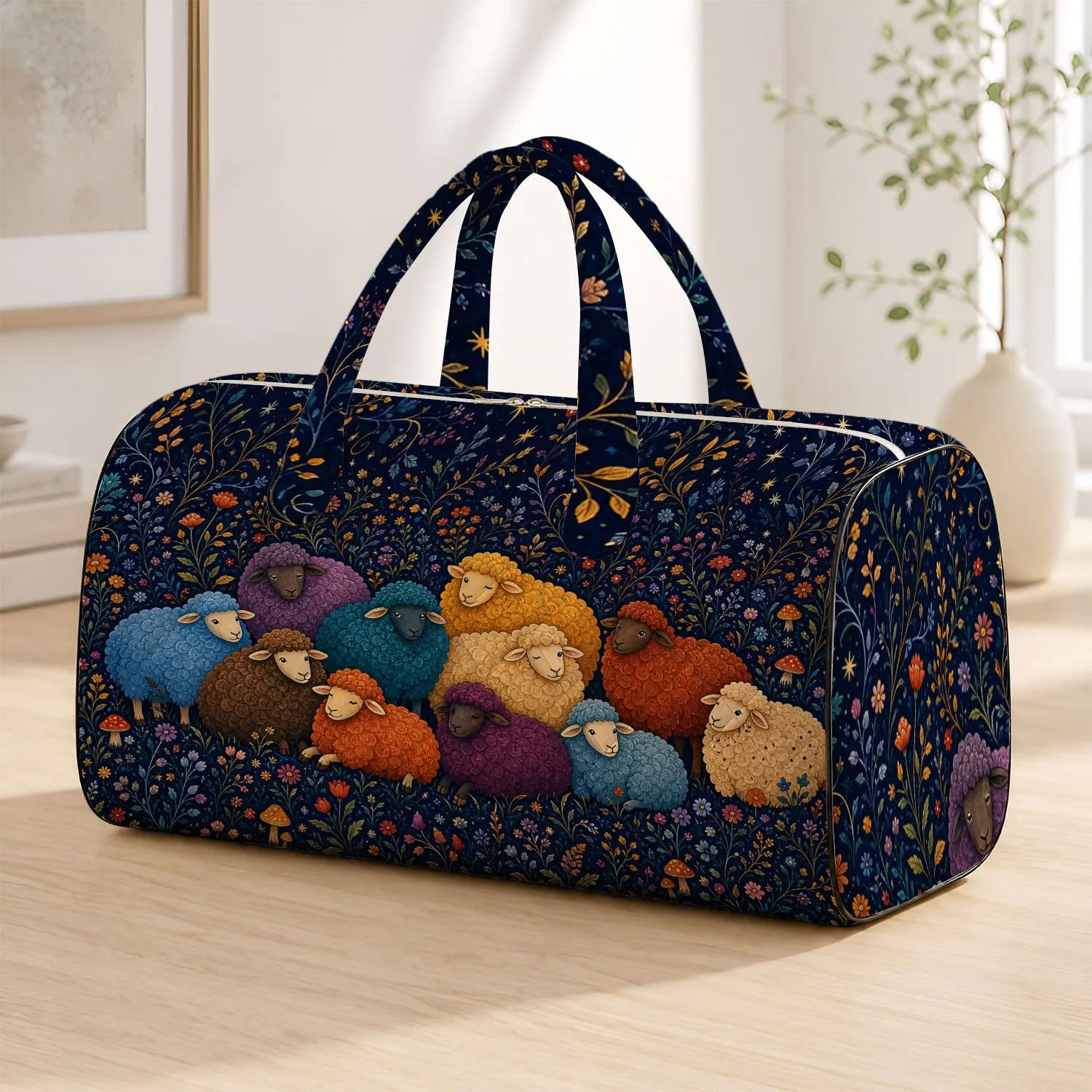 Colorful Folk Art Sheep In Midnight Meadow For Cozy Autumn Travel And Animal Lovers Quilted Weekend Bag - 1