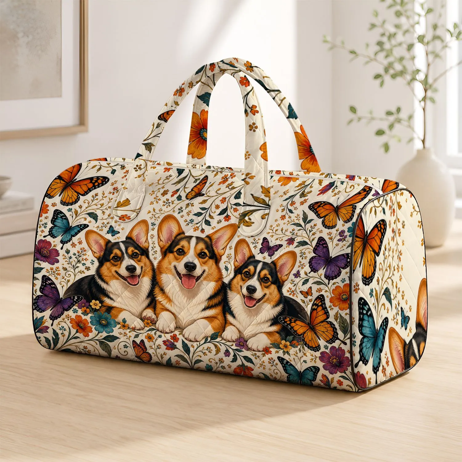 Tri Color Corgi Dogs With Butterflies For Pet Lover Road Trips And Overnight Getaways Quilted Weekend Bag - 1