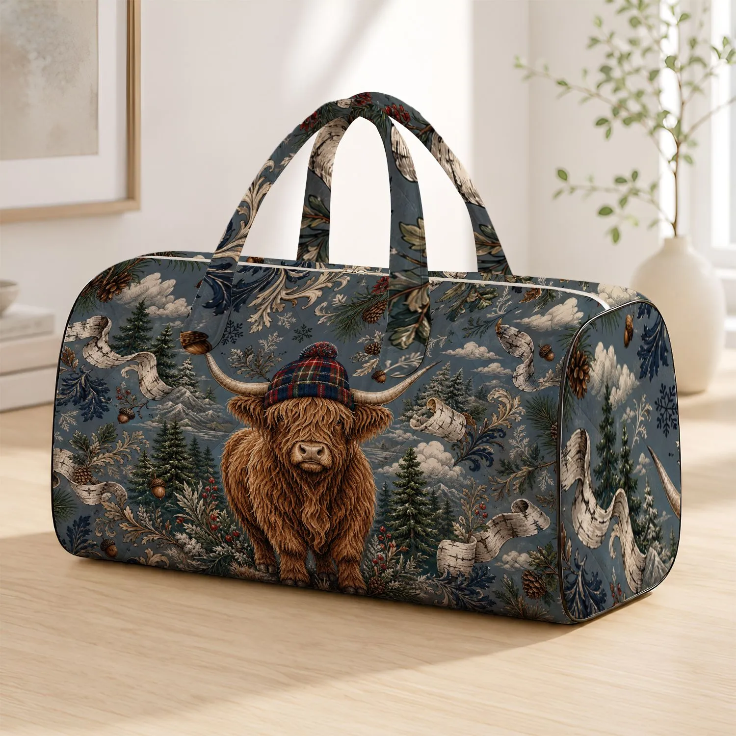 Highland Cow With Tartan Cap Rustic Lodge Holiday Travel Gift For Women And Cow Lovers Quilted Weekend Bag - 1