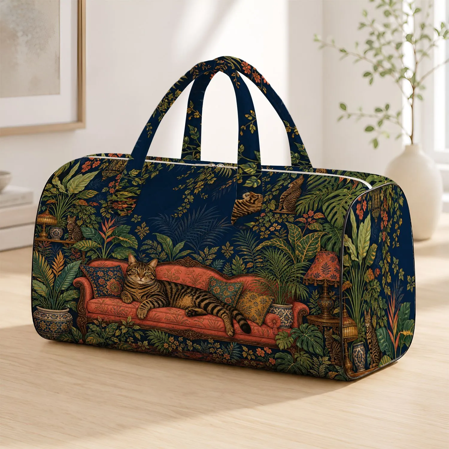 Retro Tabby Cat On Pink Sofa With Tropical Plants For Boho Getaways And Cat Lovers Quilted Weekend Bag - 1