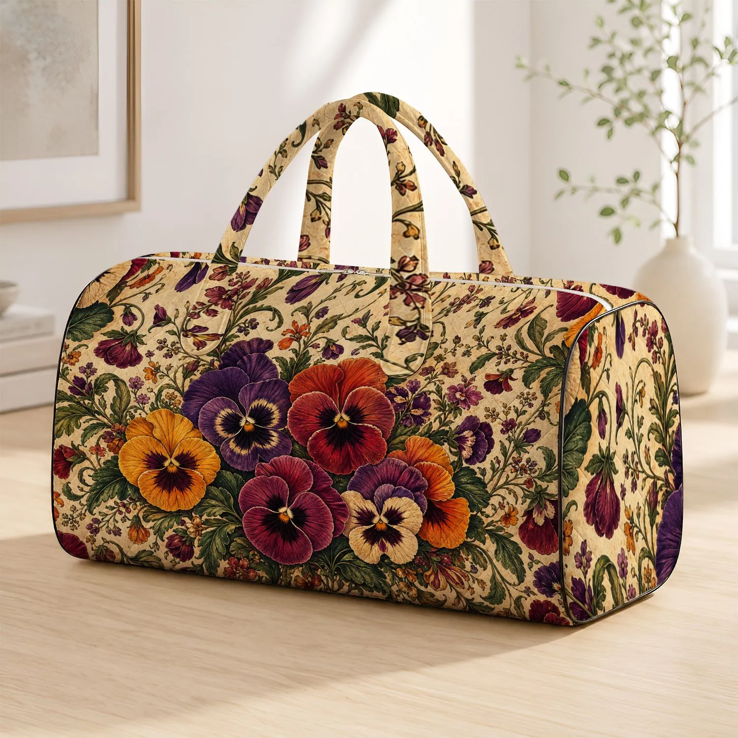 Retro Pansy Garden Florals In Autumn Jewel Tones For Holiday Travel Style For Women Quilted Weekend Bag - 1
