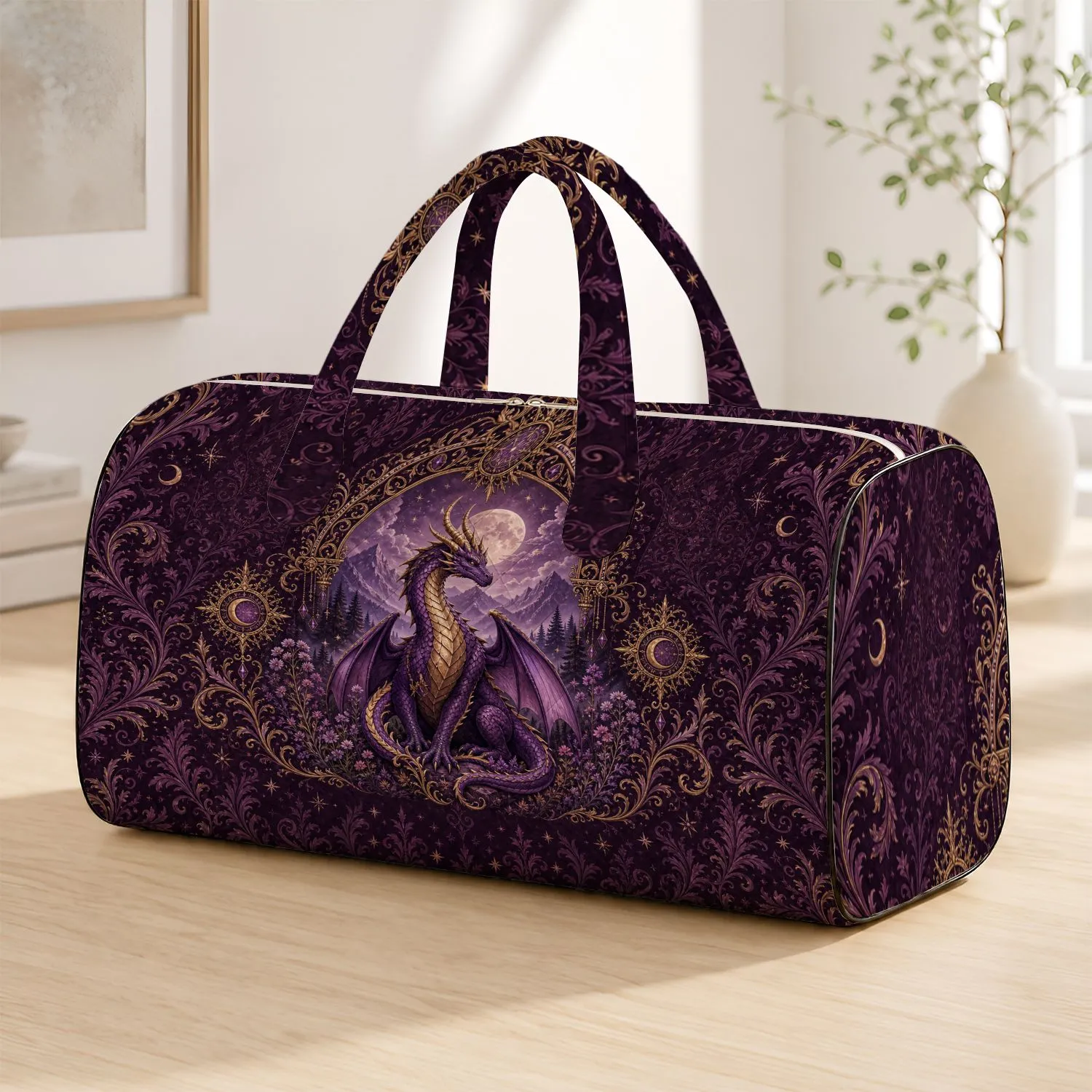 Amethyst Dragon With Gold Filigree For Gothic Fantasy Travel And Festival Women Style Quilted Weekend Bag - 1