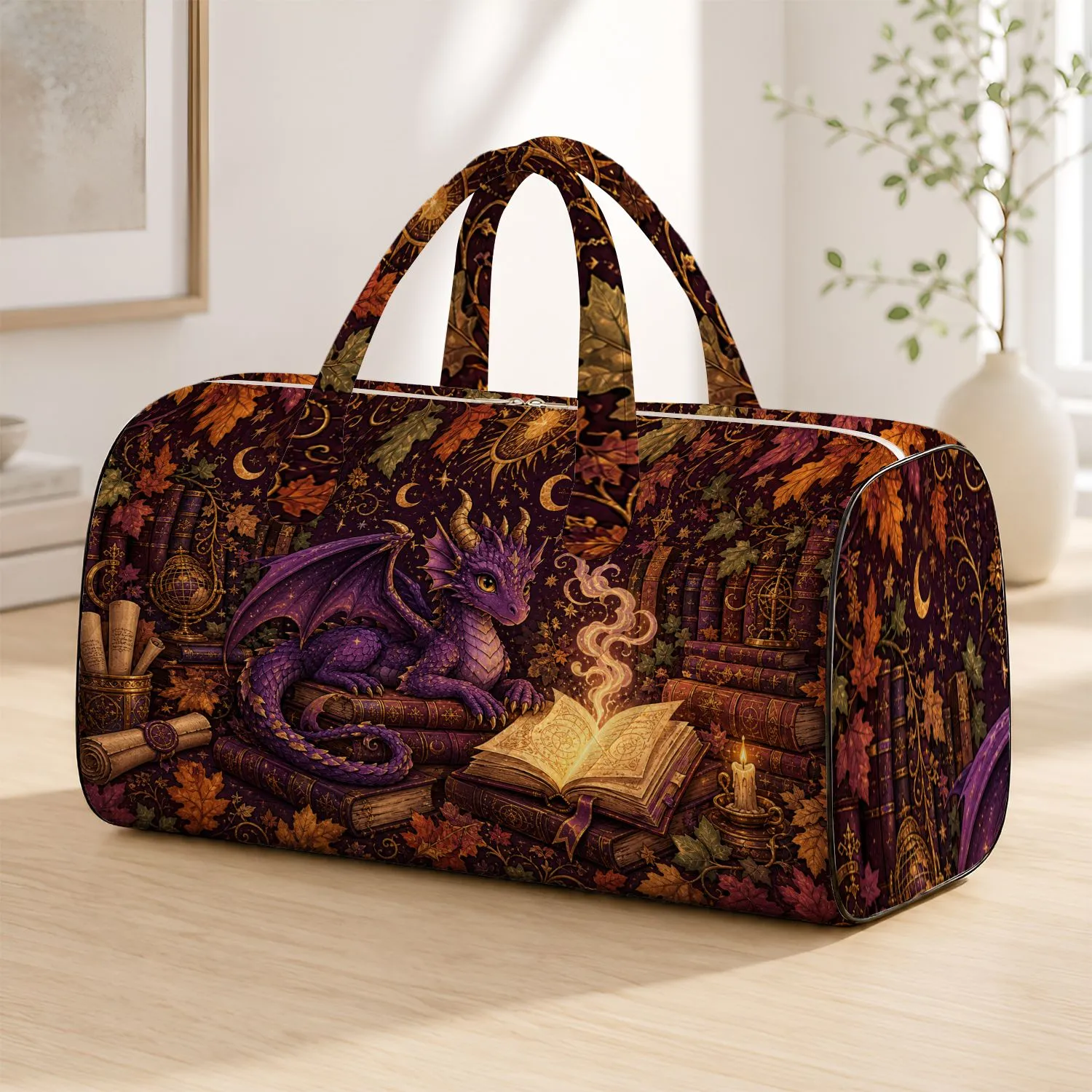 Purple Dragon In Autumn Library With Glowing Books For Fantasy Readers And Travelers Quilted Weekend Bag - 1