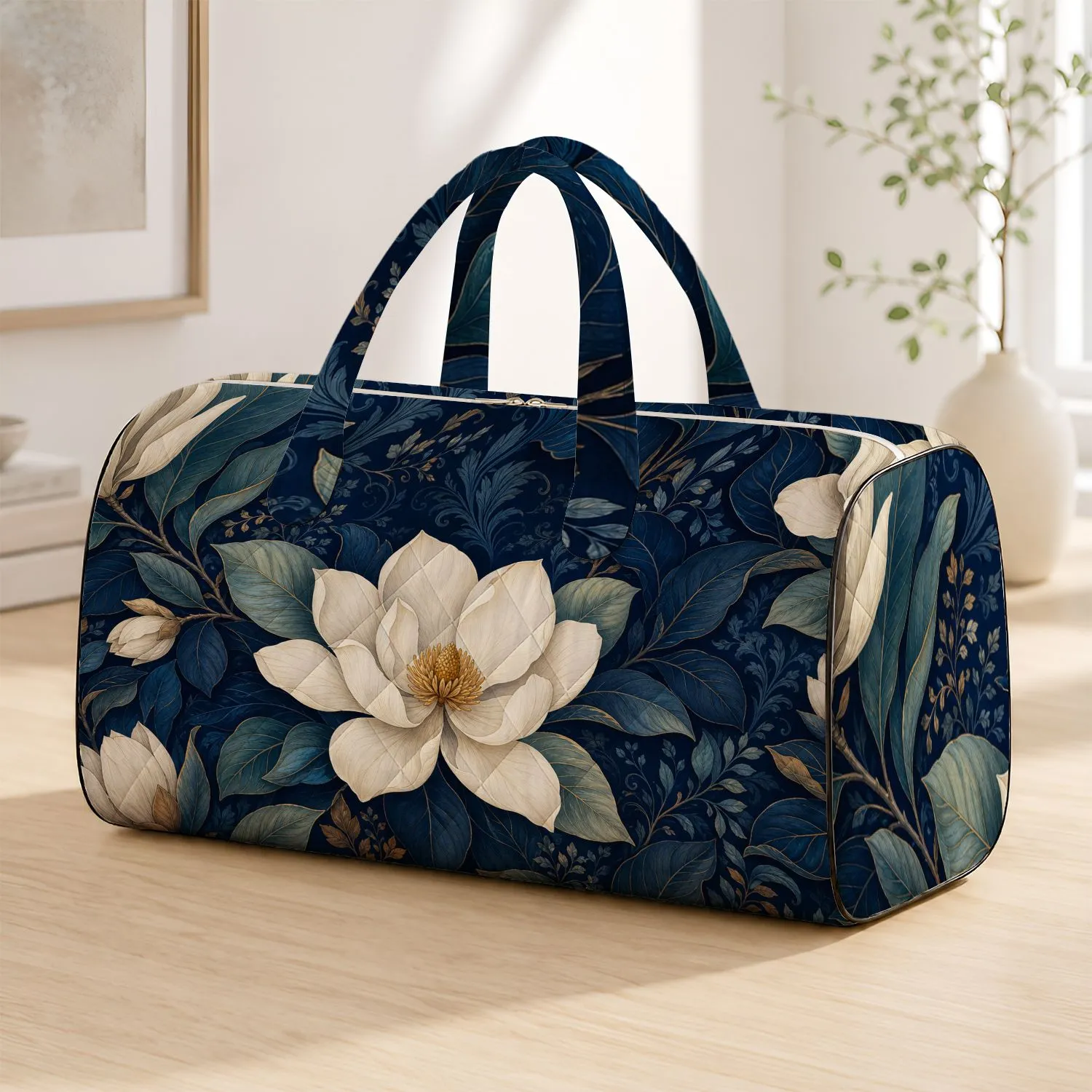 Deep Navy Magnolia And Teal Leaves For Elegant Getaways And Botanical Style Lovers Quilted Weekend Bag - 1