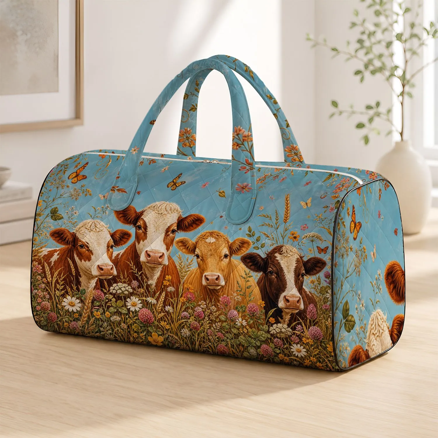 Farm Cow Herd With Butterflies And Wildflowers For Country Cottagecore Travel Lovers Quilted Weekend Bag - 1