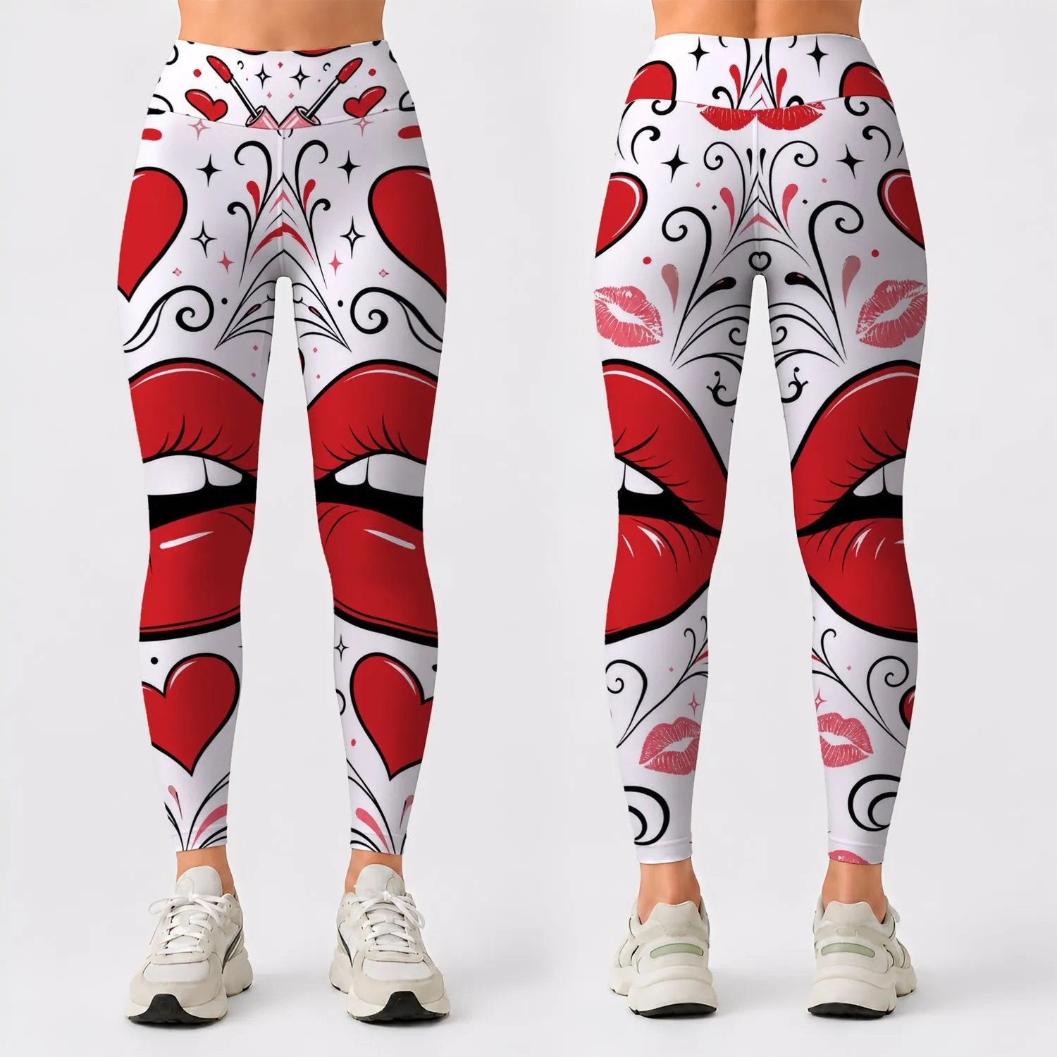 Red Lips Hearts And Kiss Marks For Valentine Pop Art Yoga Fitness Streetwear Looks Leggings - 1