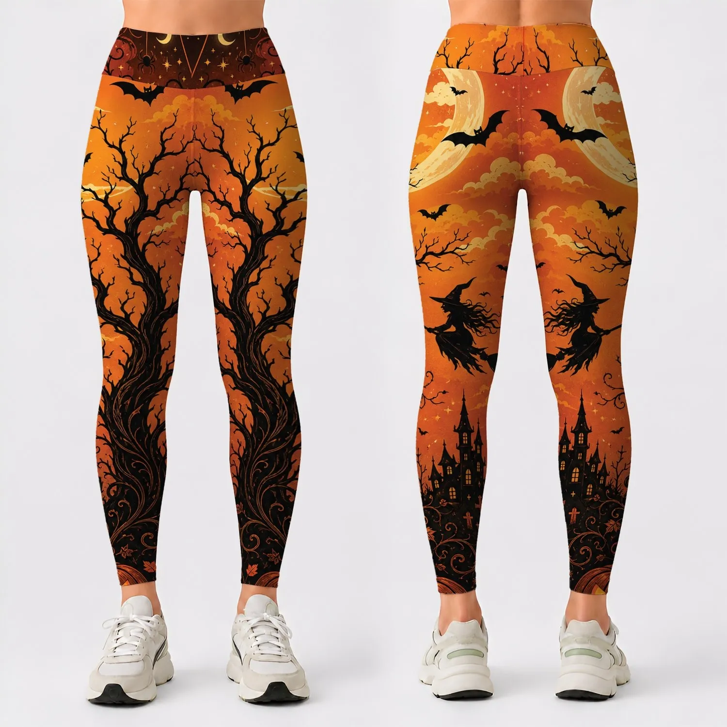 Haunted Tree Moon Bats Pumpkin Halloween Night Yoga Fitness Party Style For Women Leggings - 1