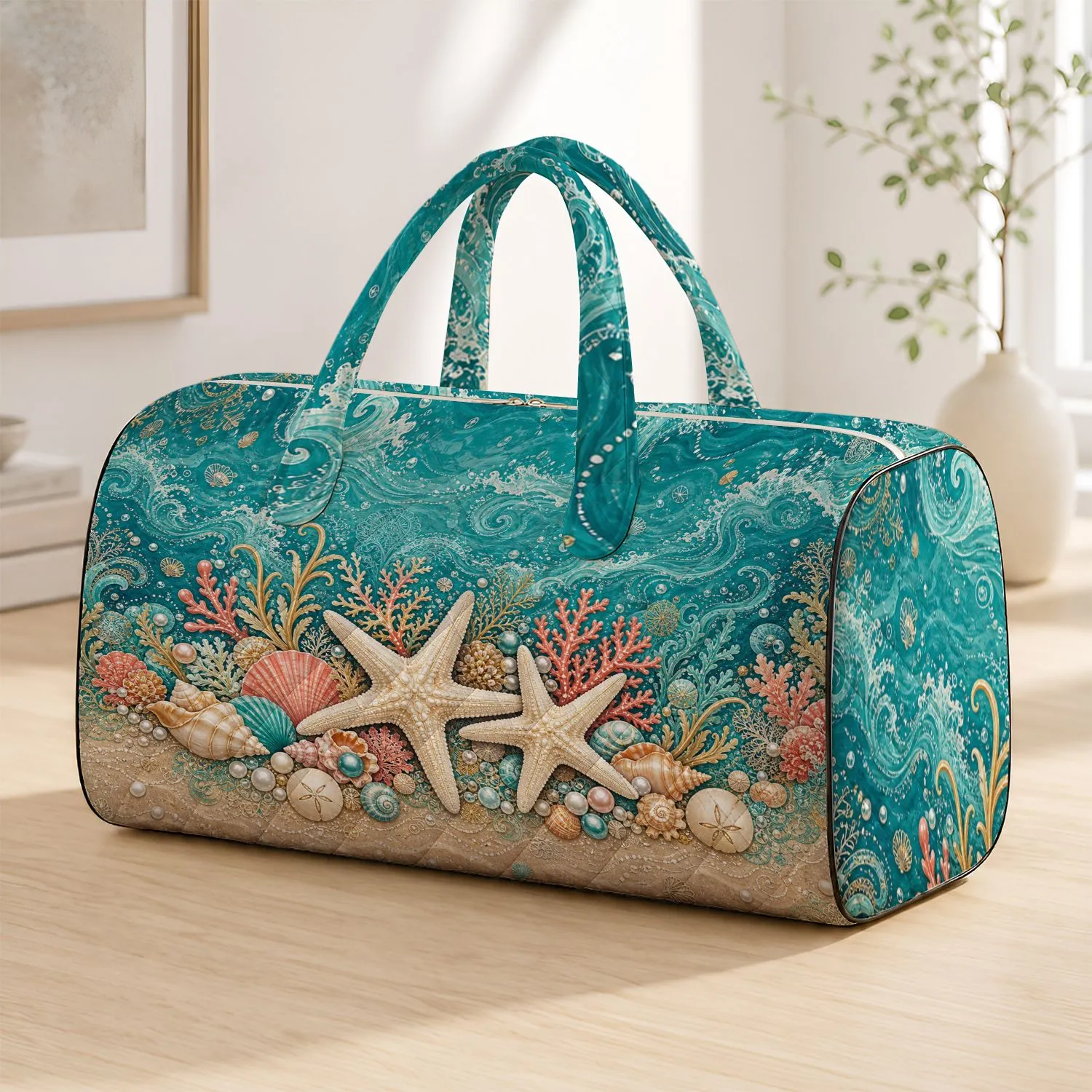 Coastal Starfish Seashell Coral Pearls Ocean Treasure For Luxury Resort Vacation Quilted Weekend Bag - 1