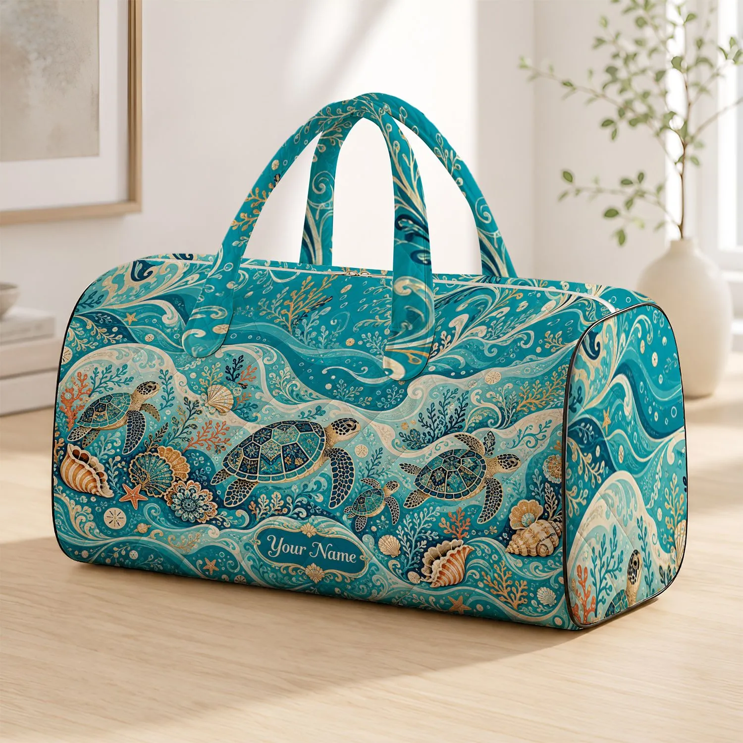 Sea Turtle Coastal Lagoon With Shells For Beach Travel And Tropical Vacation Style Quilted Weekend Bag - 1