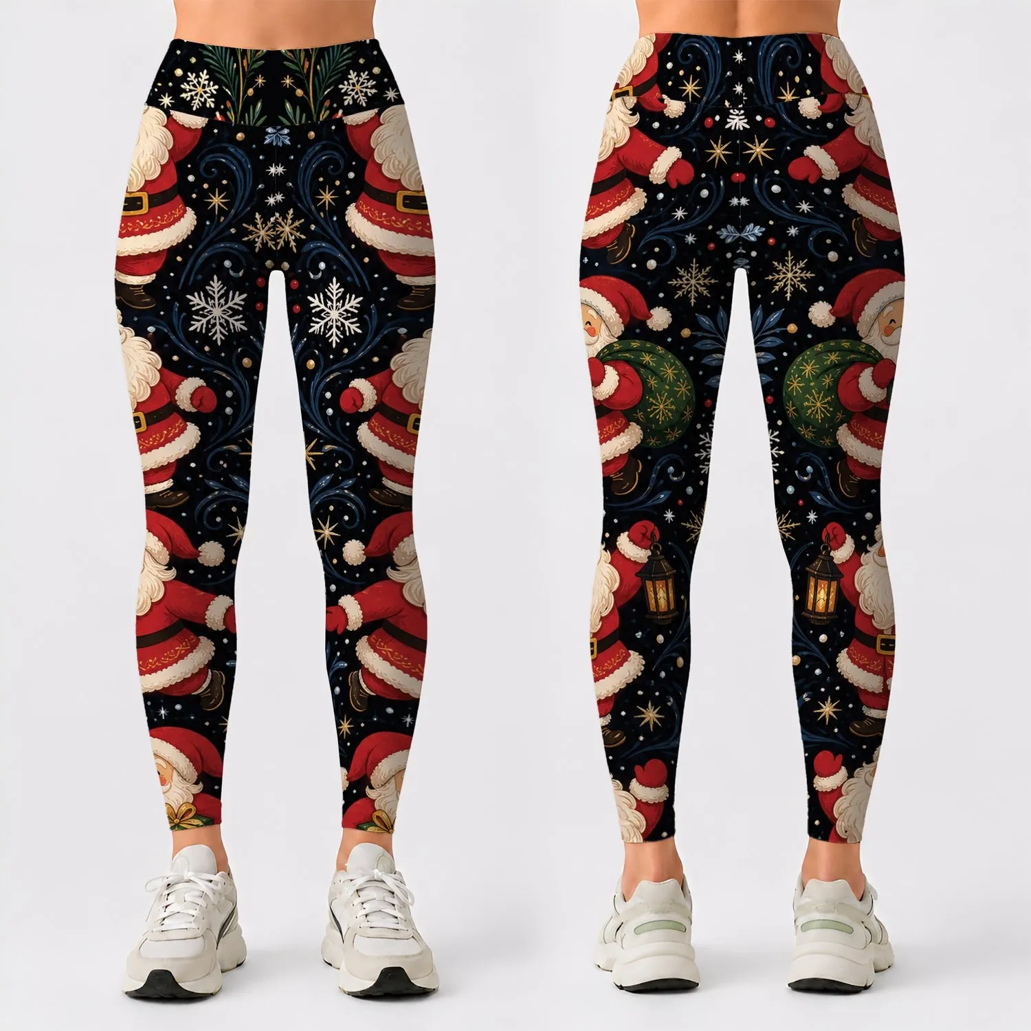 Vintage Santa Snowflakes On Midnight Black For Christmas Parties And Cozy Winter Style Leggings - 1