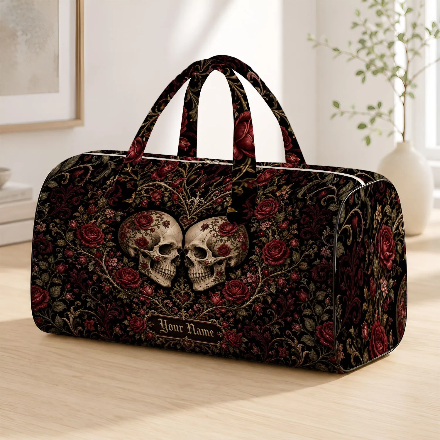 Gothic Romance Skulls With Crimson Roses And Thorn Heart For Dark Travel Style Lovers Quilted Weekend Bag - 1