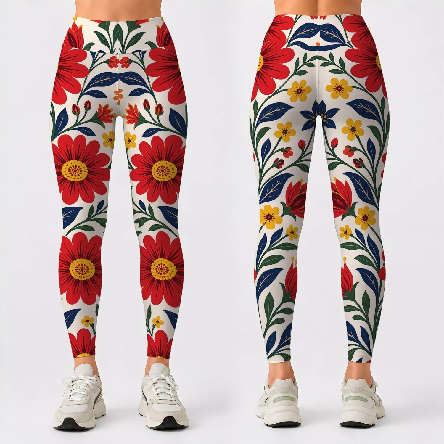 Retro Botanical Floral Vine With Red Daisies For Yoga, Fitness, And Weekend Style Leggings - 1