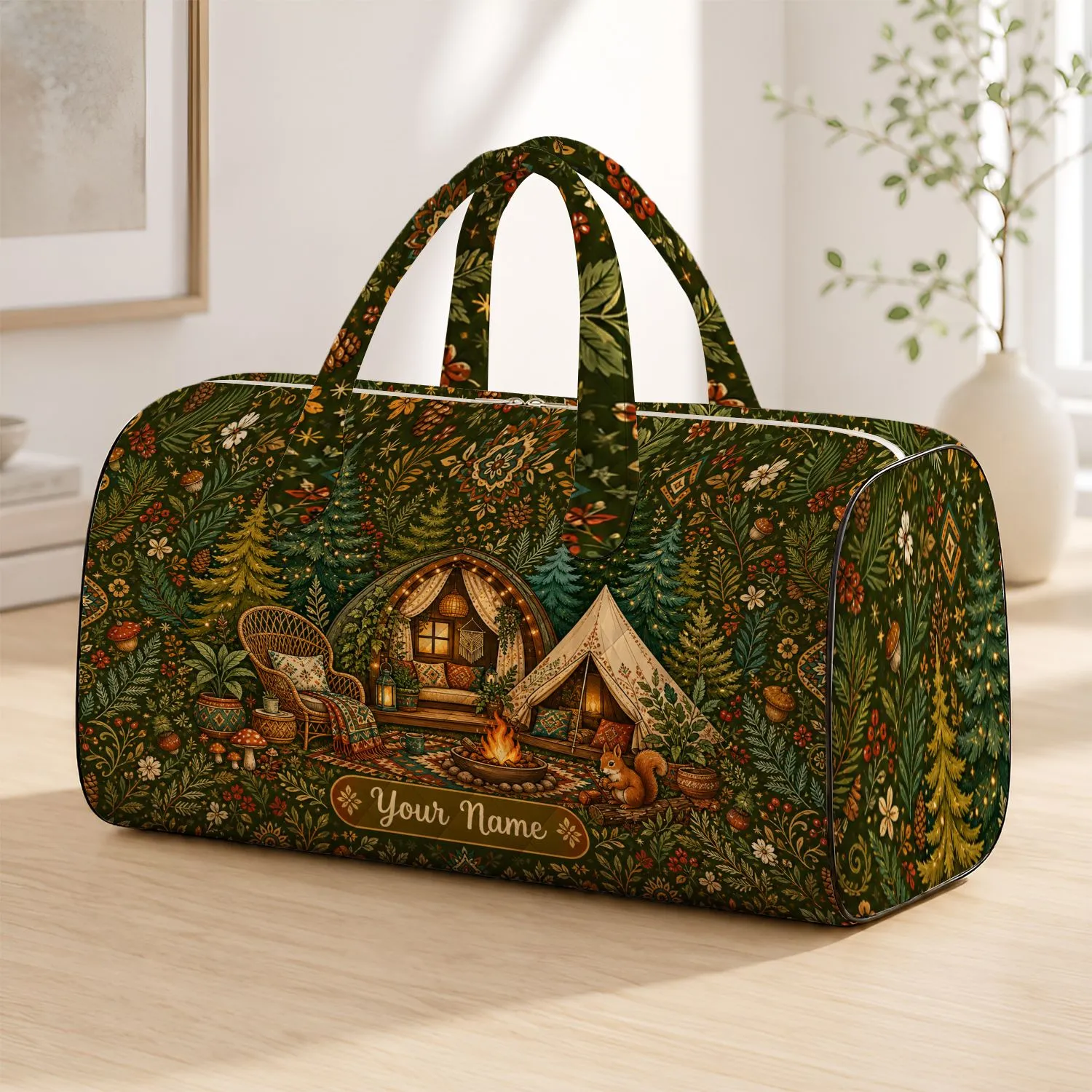 Boho Woodland Glamping Cabin Squirrel Folk Floral Travel Camp Style For Nature Lovers Quilted Weekend Bag - 1