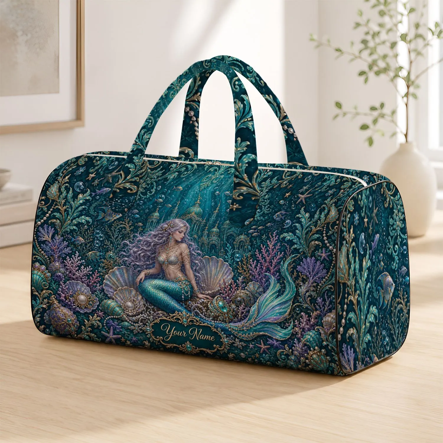 Enchanting Mermaid Ocean Damask With Pearls For Beach Trips And Gym Getaways For Women Quilted Weekend Bag - 1
