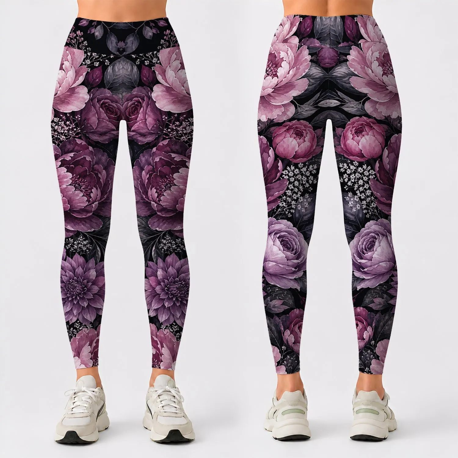 Moody Winter Floral Bouquet In Plum Lavender For Yoga Gym Lounge Activewear Style Leggings - 1