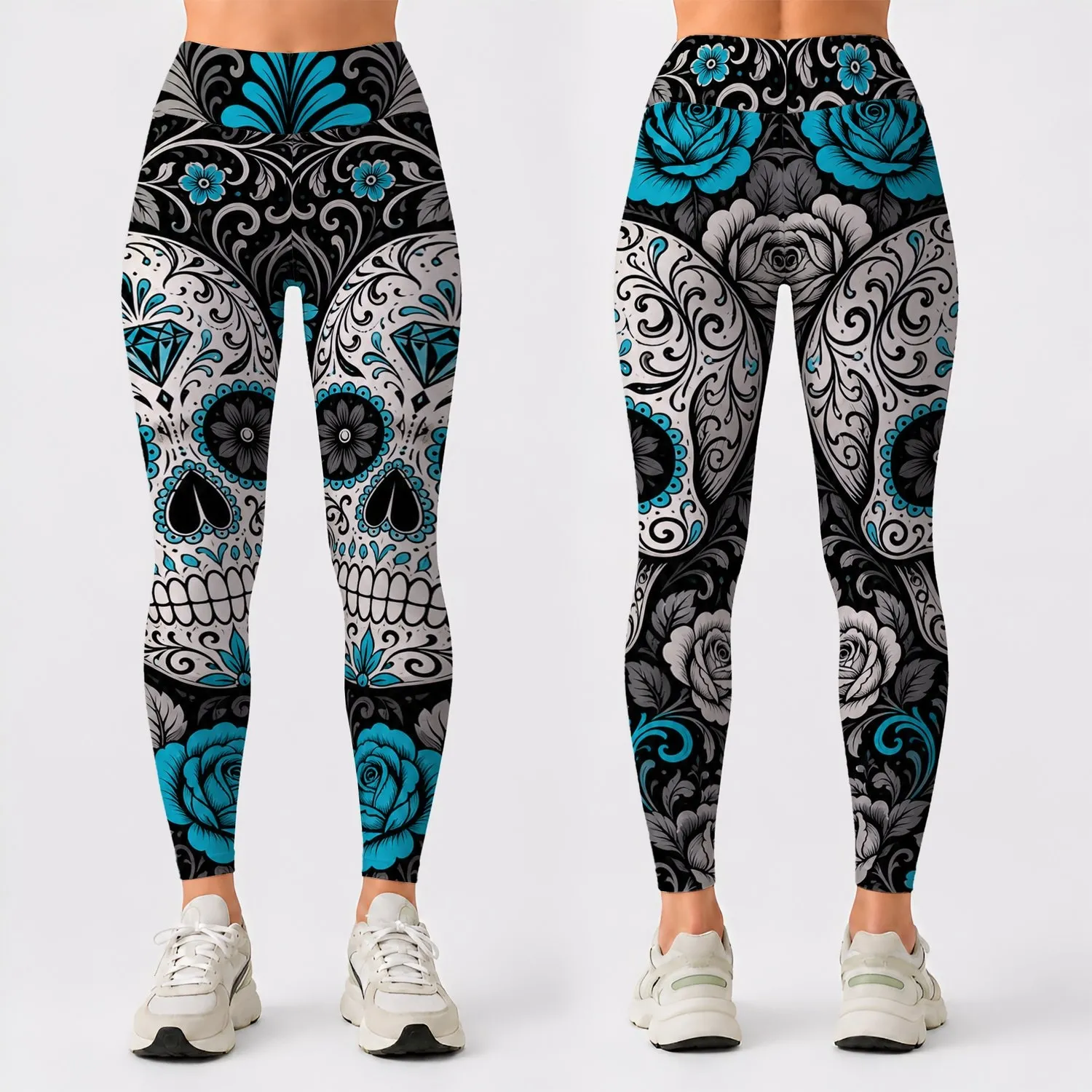 Gothic Sugar Skull Florals For Halloween Yoga, Running, And Streetwear Outfit Style Leggings - 1