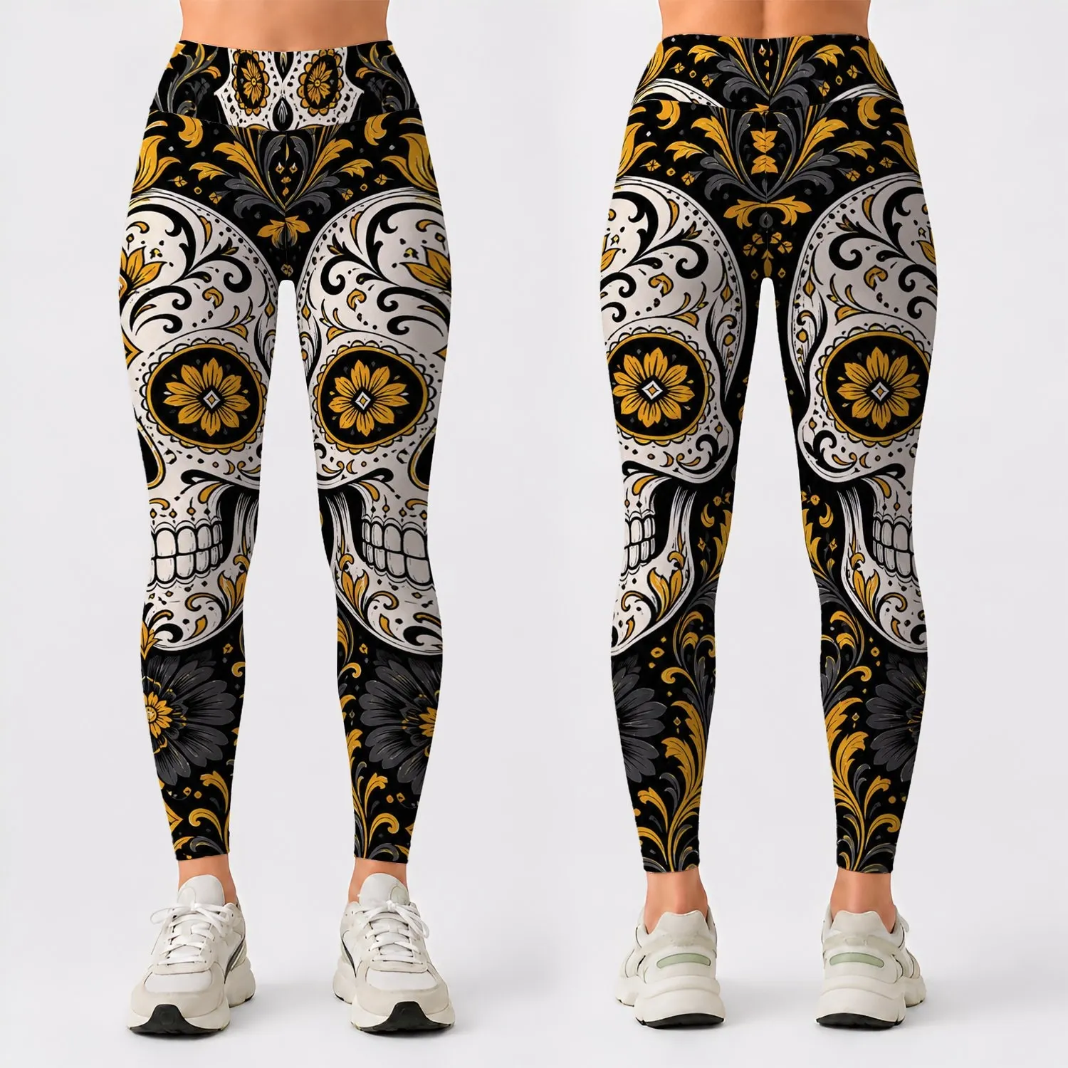 Golden Sugar Skull Floral Gothic Halloween Dia De Los Muertos Yoga Gym Style For Women Leggings - 1