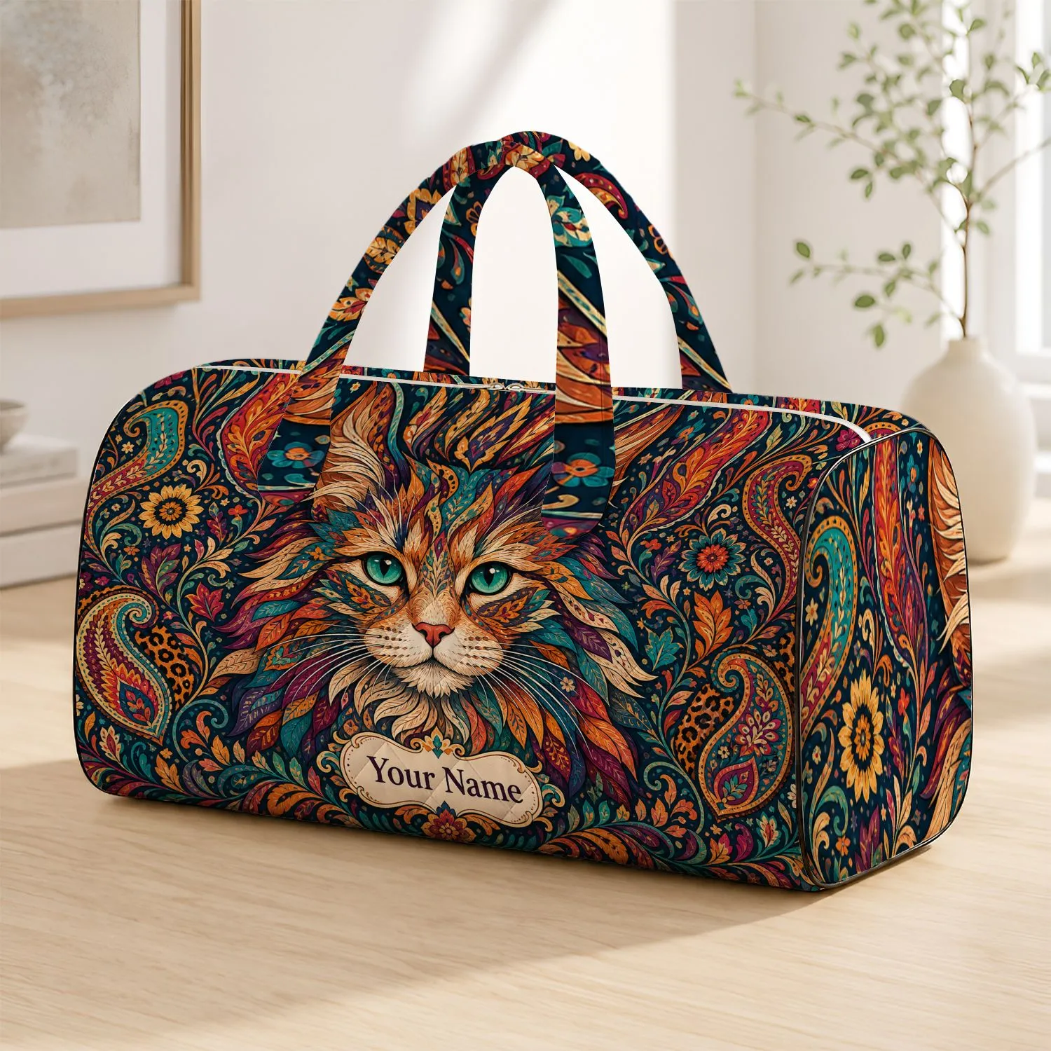 Boho Cat Face With Teal Eyes And Paisley Florals For Colorful Travel Style Lovers Quilted Weekend Bag - 1