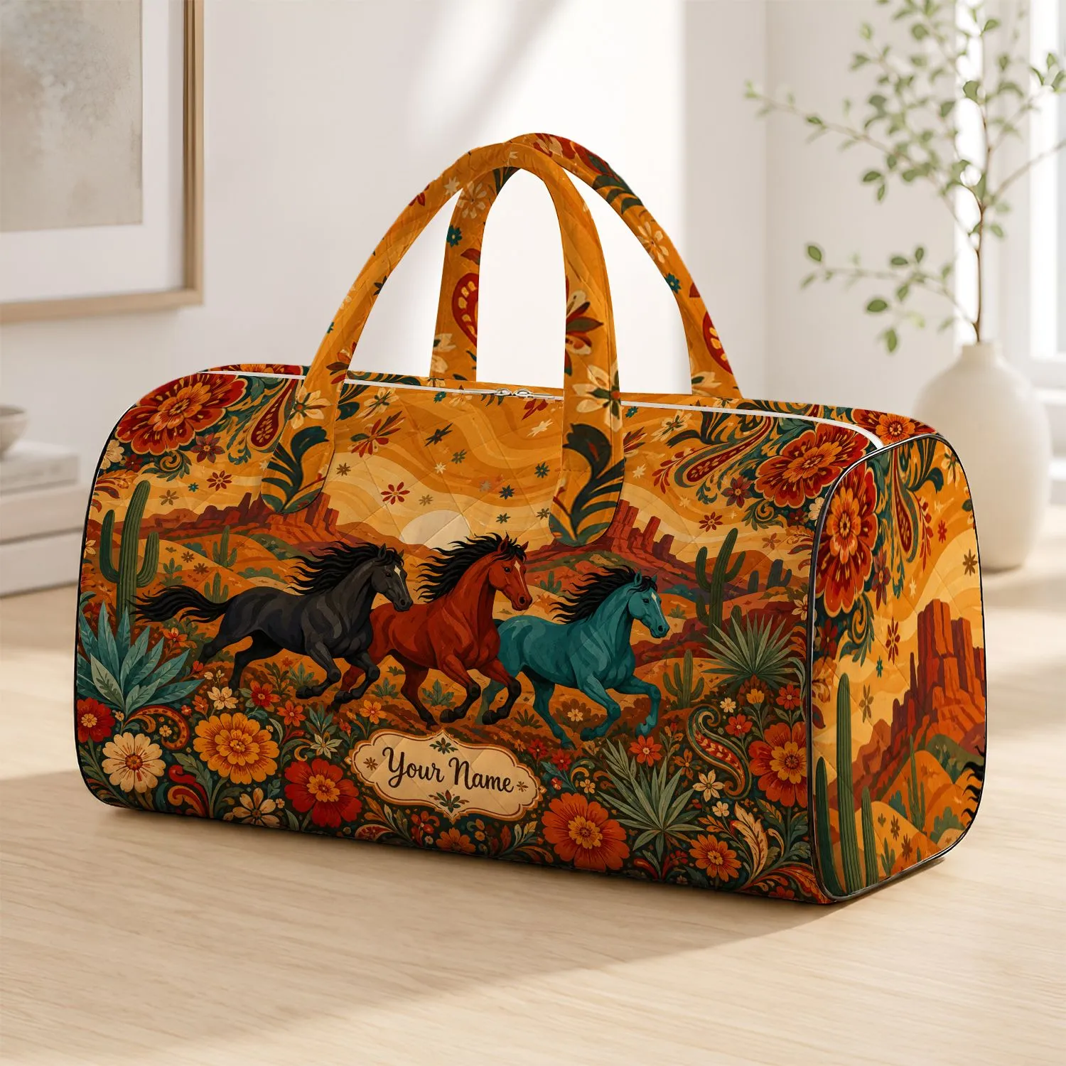 Southwest Wild Horses With Desert Florals For Western Travel And Ranch Style Gifts Quilted Weekend Bag - 1