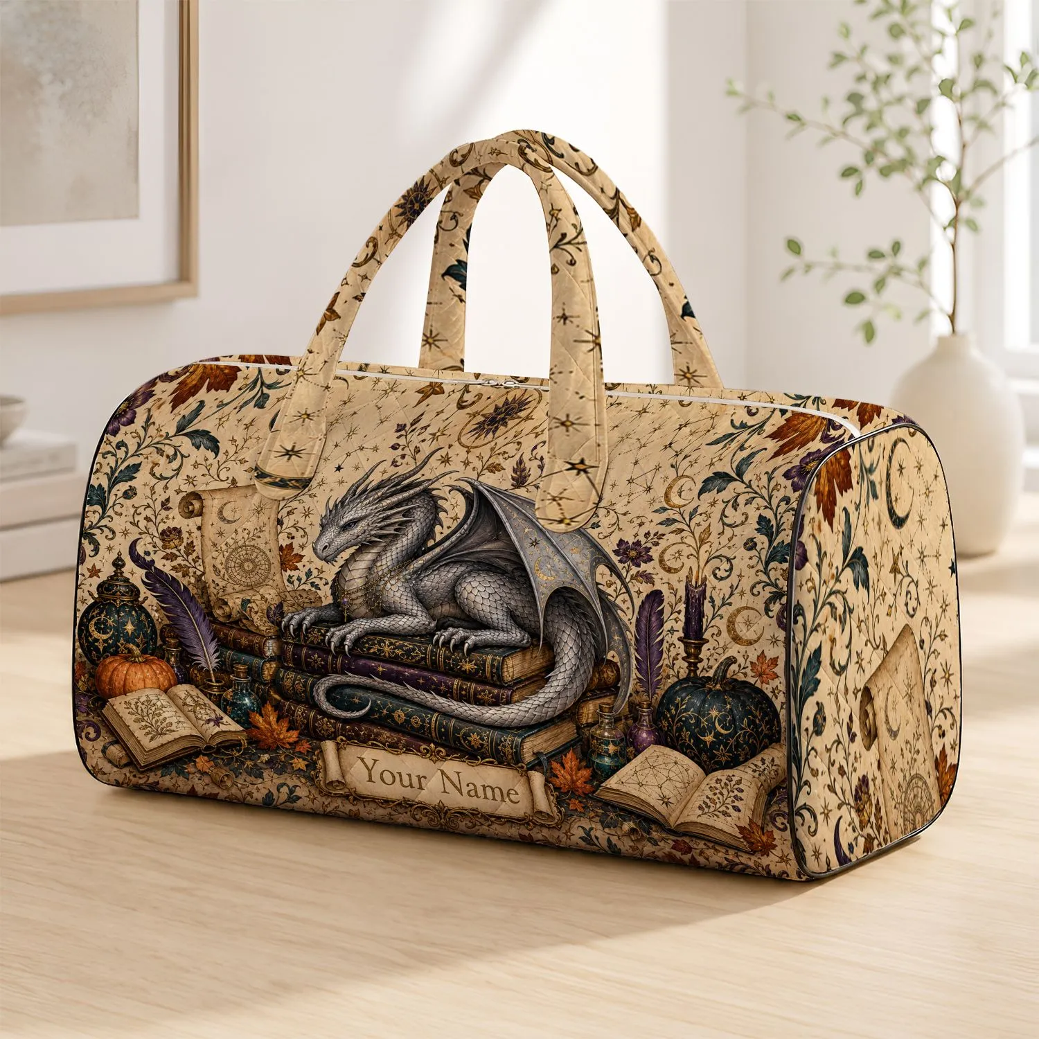 Enchanted Library Dragon With Antique Books For Autumn Fantasy Readers And Gift Giving Quilted Weekend Bag - 1