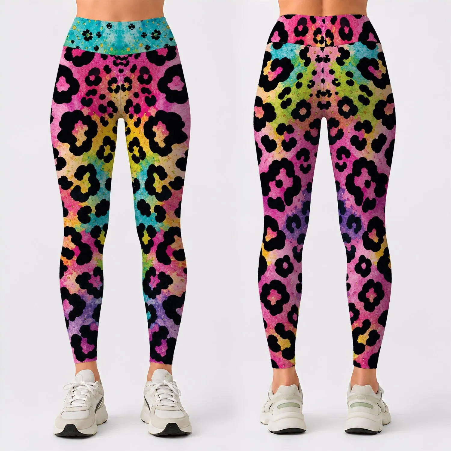 Neon Leopard Rosettes With Tropical Tie Dye Colors For Festival Streetwear Women Leggings - 1