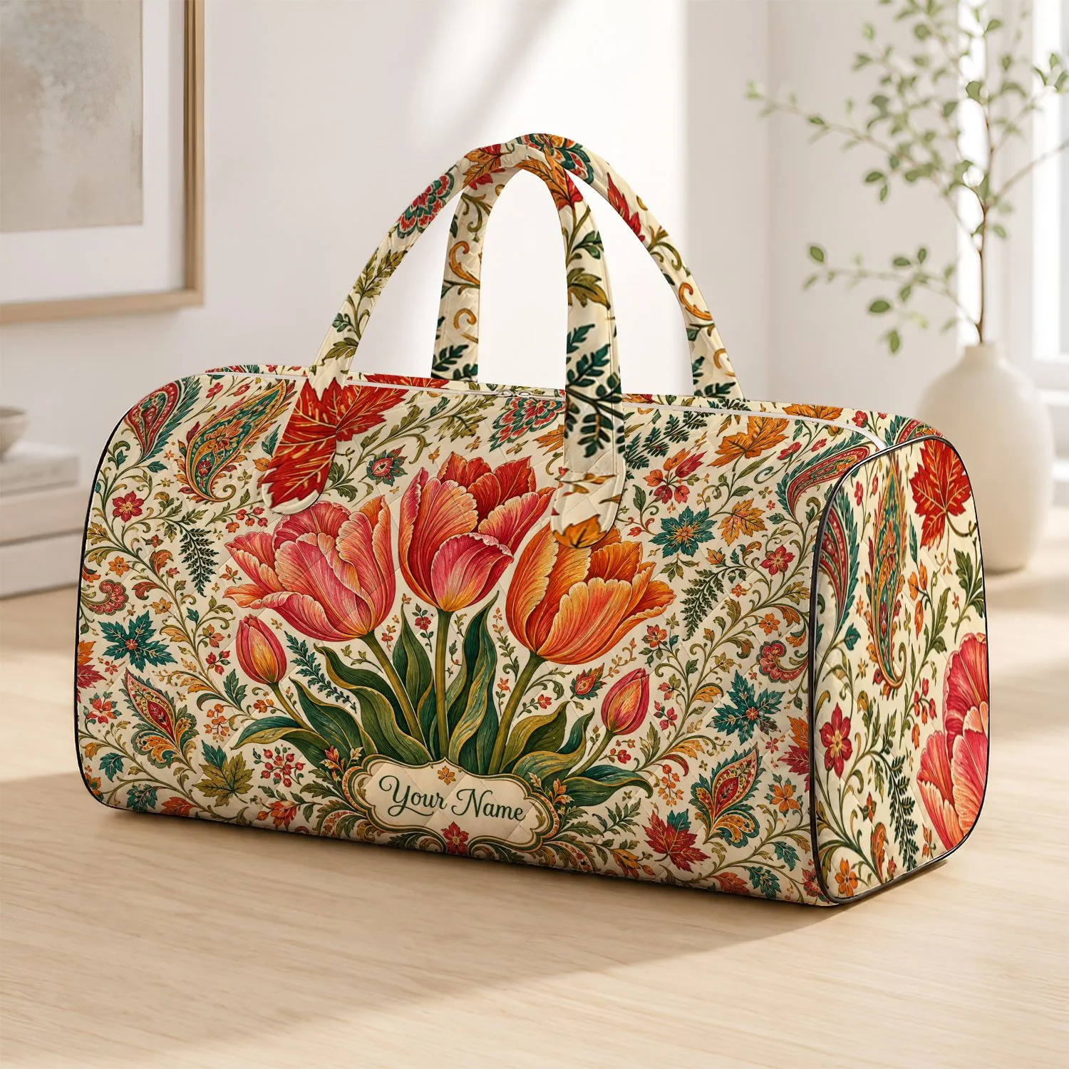 Tulip Garden Florals With Ivory Folk Vines For Autumn Travel And Market Days For Her Quilted Weekend Bag - 1
