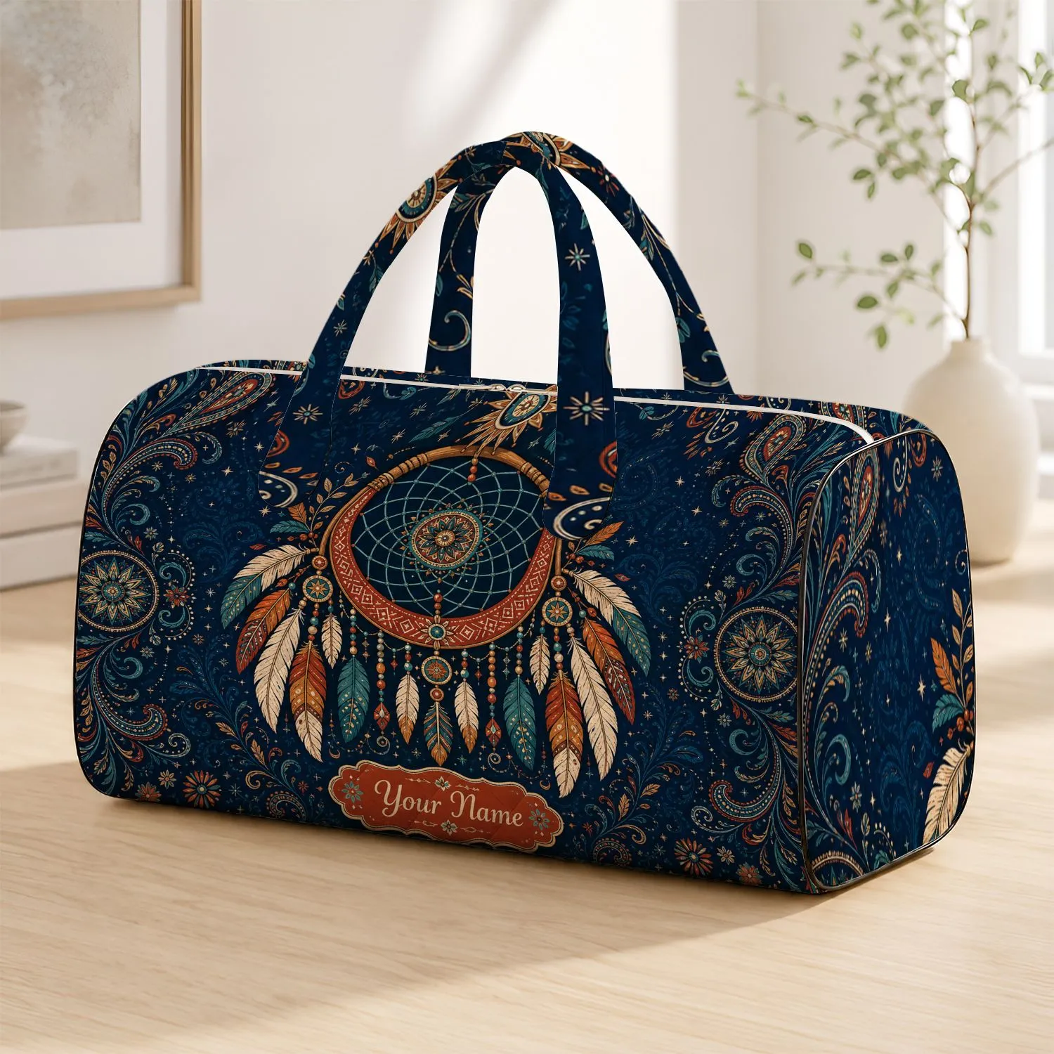 Indigo Boho Dreamcatcher Mandala With Feathers And Desert Stars For Festival Travel Style Quilted Weekend Bag - 1