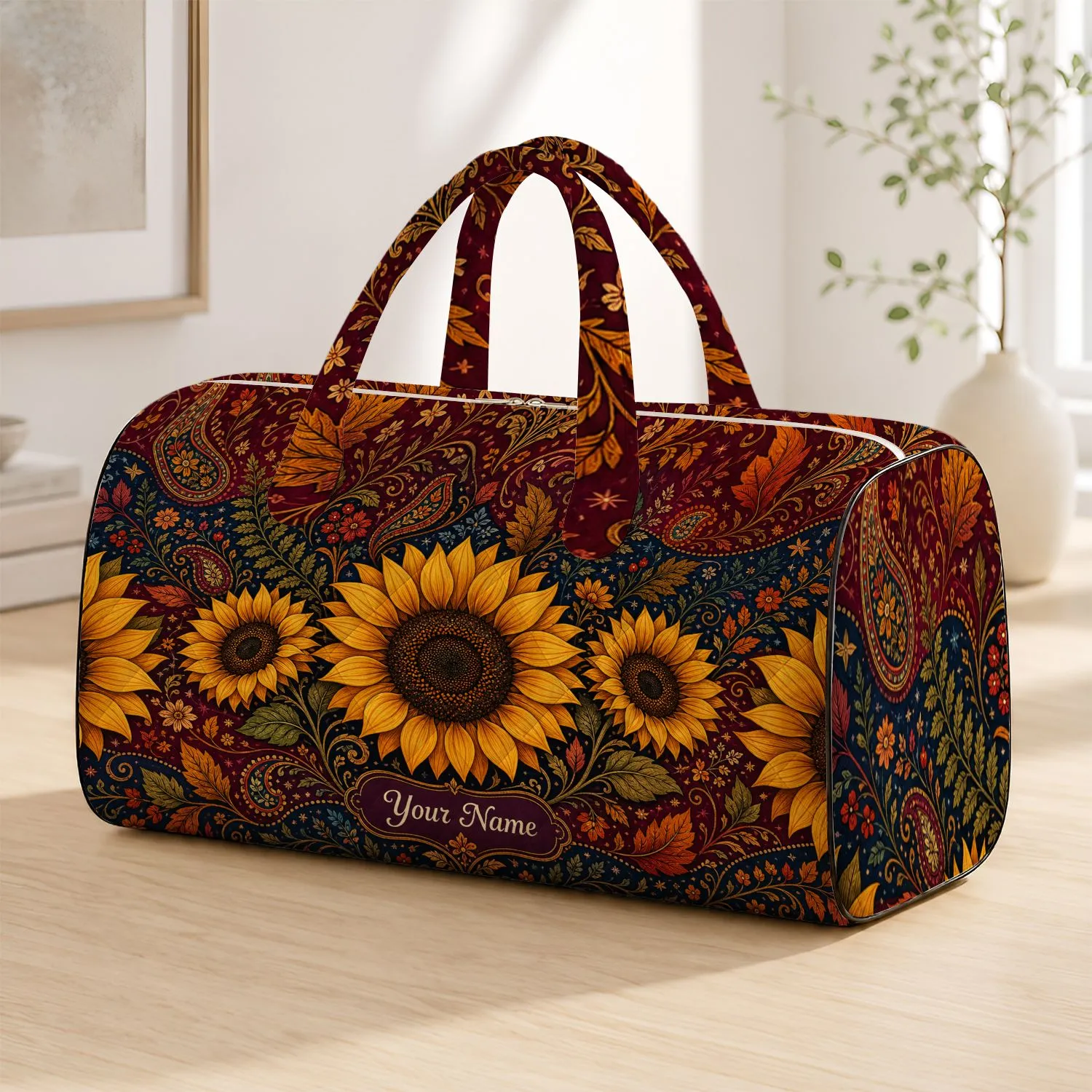 Bohemian Autumn Sunflowers With Burgundy Navy Folk Florals For Fall Travel Style Quilted Weekend Bag - 1