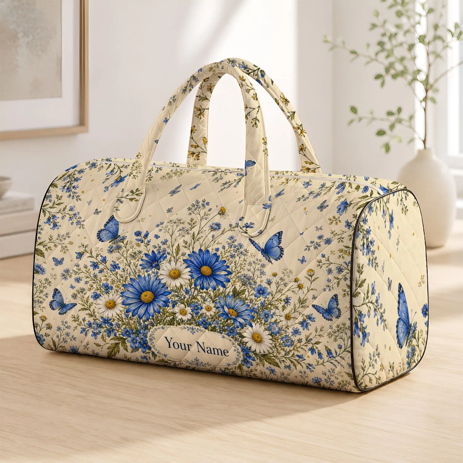 Cobalt Blue Daisy And Butterfly Floral Garden For Travel Getaways And Bridesmaids Quilted Weekend Bag - 1