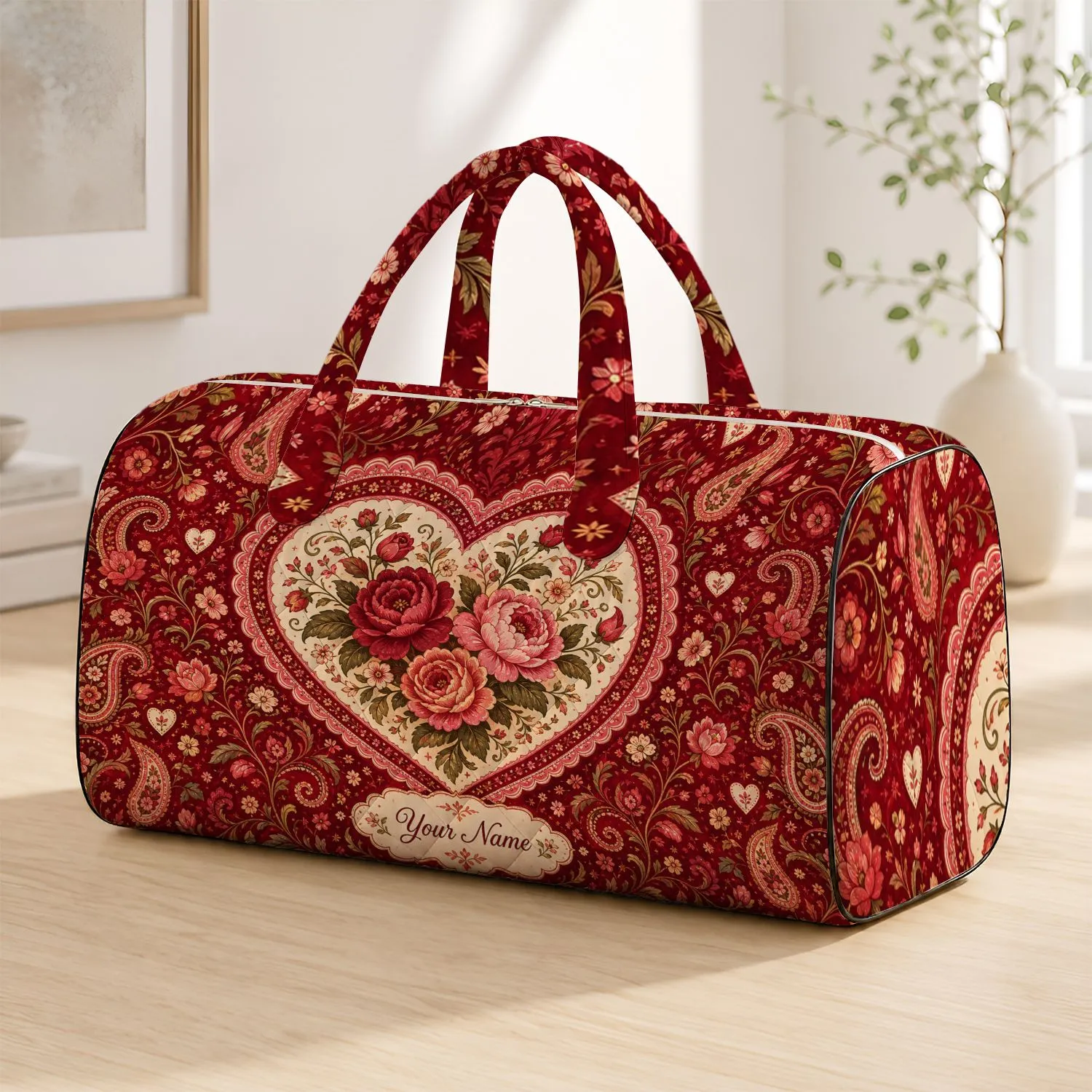 Cranberry Floral Heart Boho Motif For Romantic Getaways And Bridal Travel For Her Quilted Weekend Bag - 1
