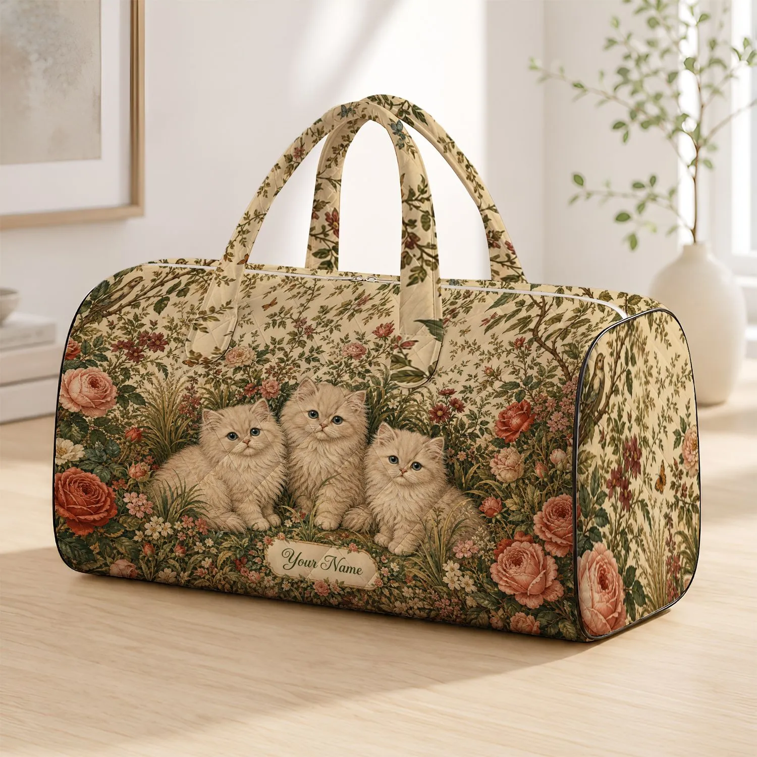 Cream Persian Kittens In Vintage Botanical Garden For Overnight Getaways And Cat Moms Quilted Weekend Bag - 1