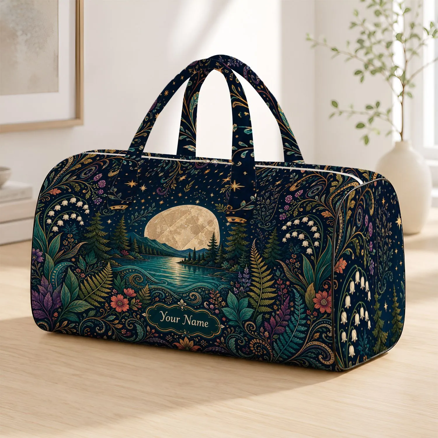 Bohemian Moonlit Lake With Botanical Vines For Festival Travel And Coastal Getaways Quilted Weekend Bag - 1