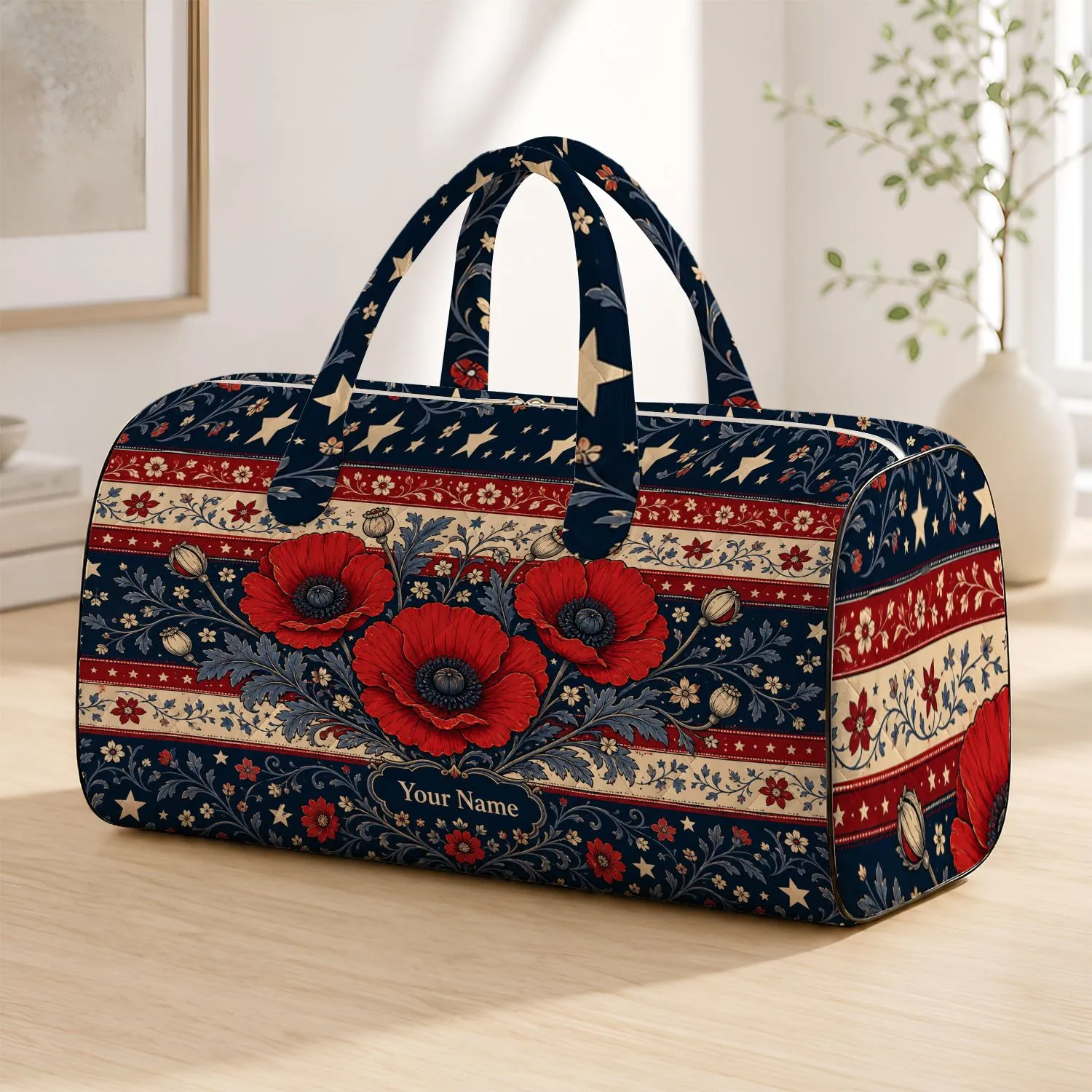 Heritage Americana Poppy Florals With Navy Stars And Crimson Stripes For Travel Style Quilted Weekend Bag - 1