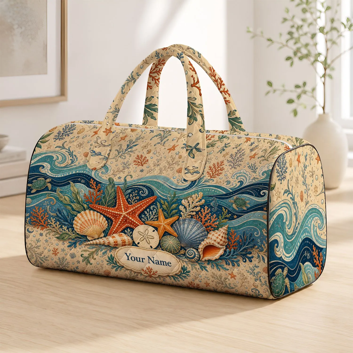 Coastal Shells And Teal Waves With Starfish For Beach Holidays And Summer Travel Quilted Weekend Bag - 1
