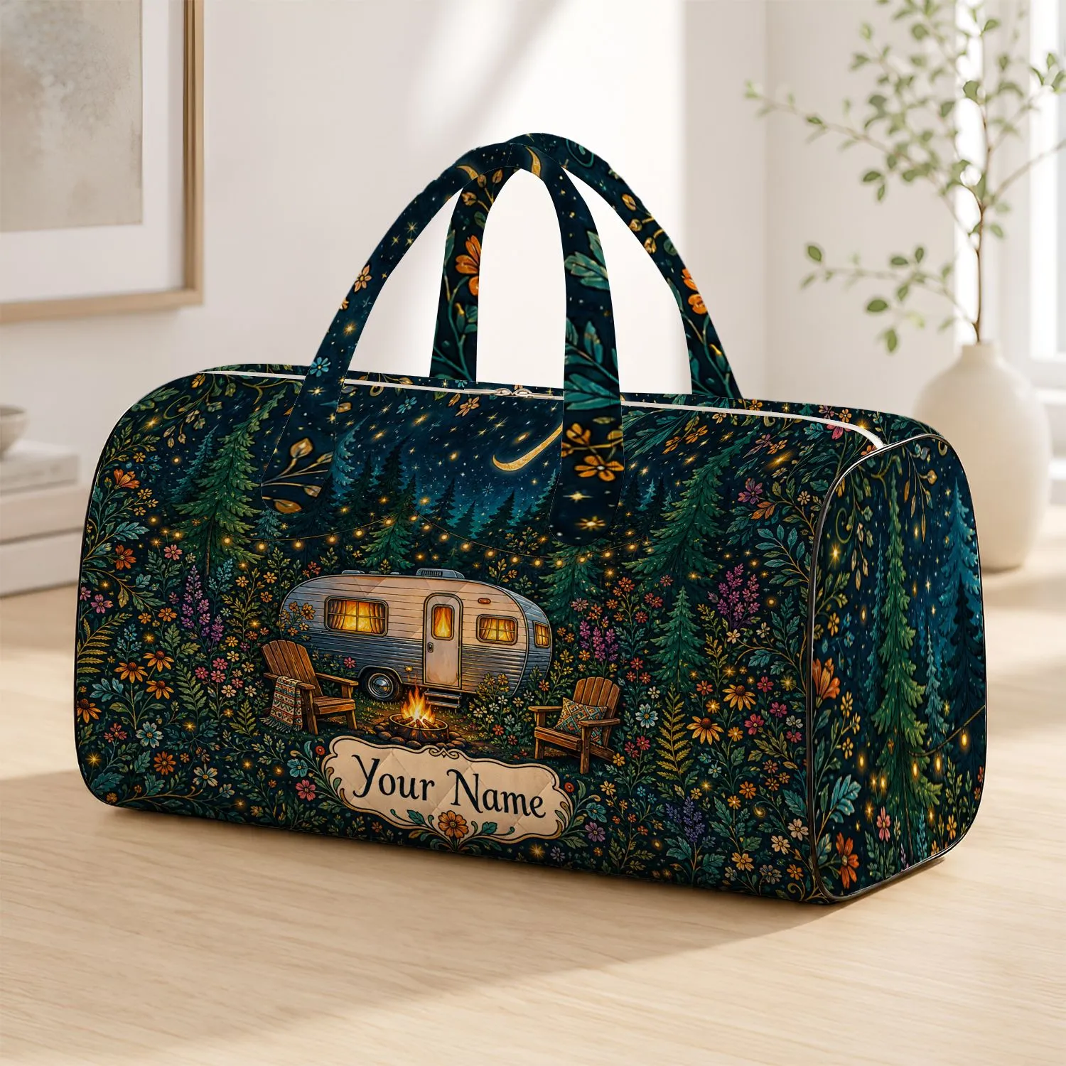 Enchanted Forest Camper With Fireflies And Camp Chairs For Cozy Travel And Glamping Fans Quilted Weekend Bag - 1