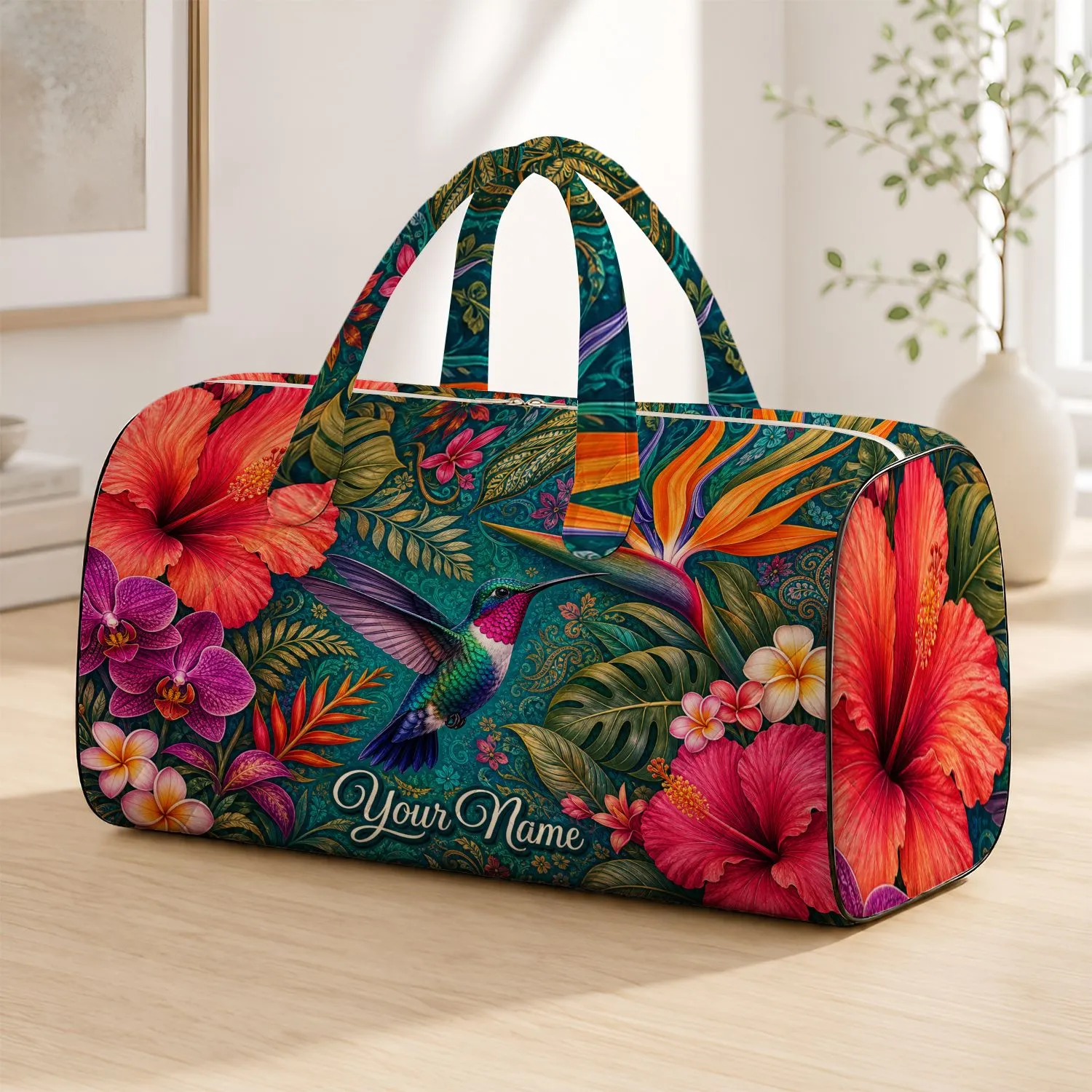 Tropical Hummingbird Florals For Resort Travel And Beach Getaways With Name Accent Quilted Weekend Bag - 1
