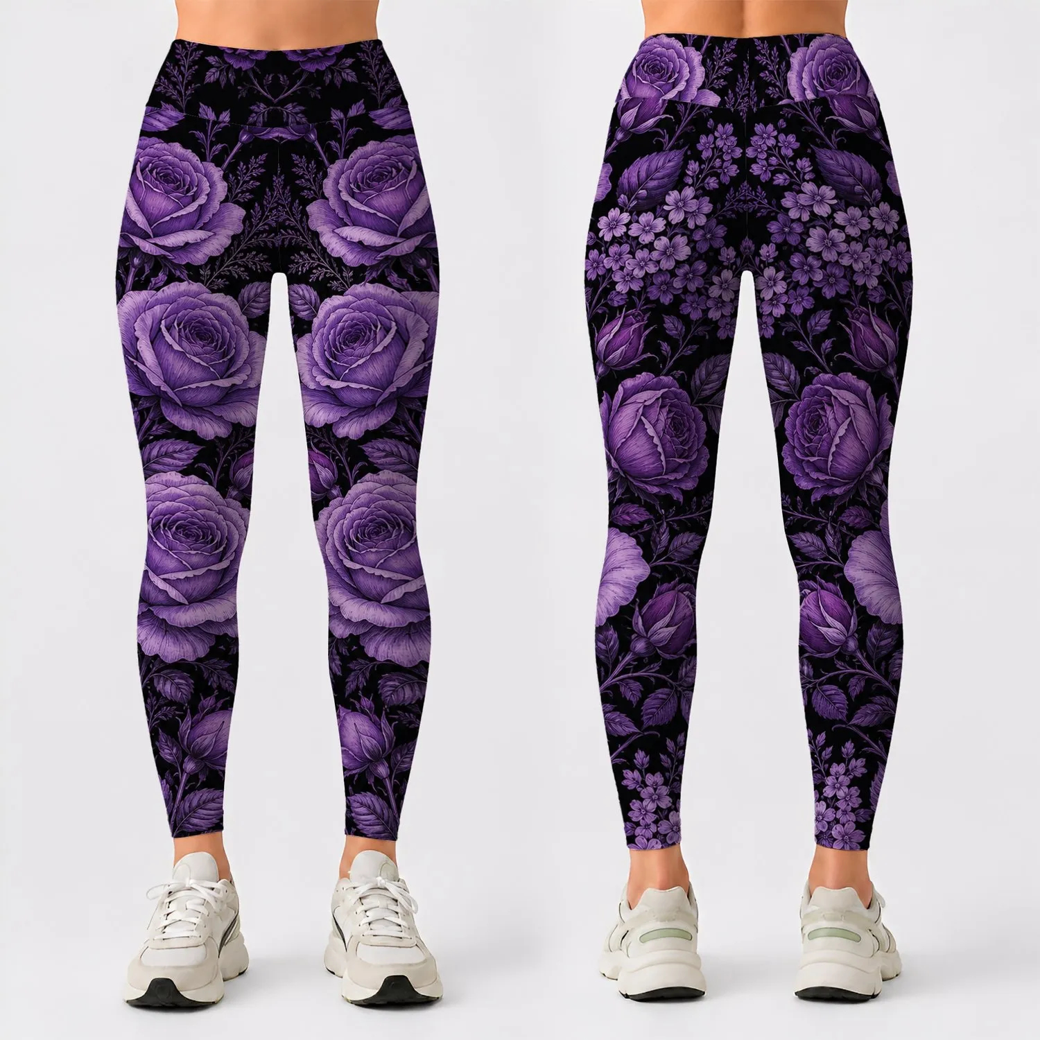 Gothic Violet Rose Botanical Noir Floral Style For Yoga Studio And Night Out Women Leggings - 1