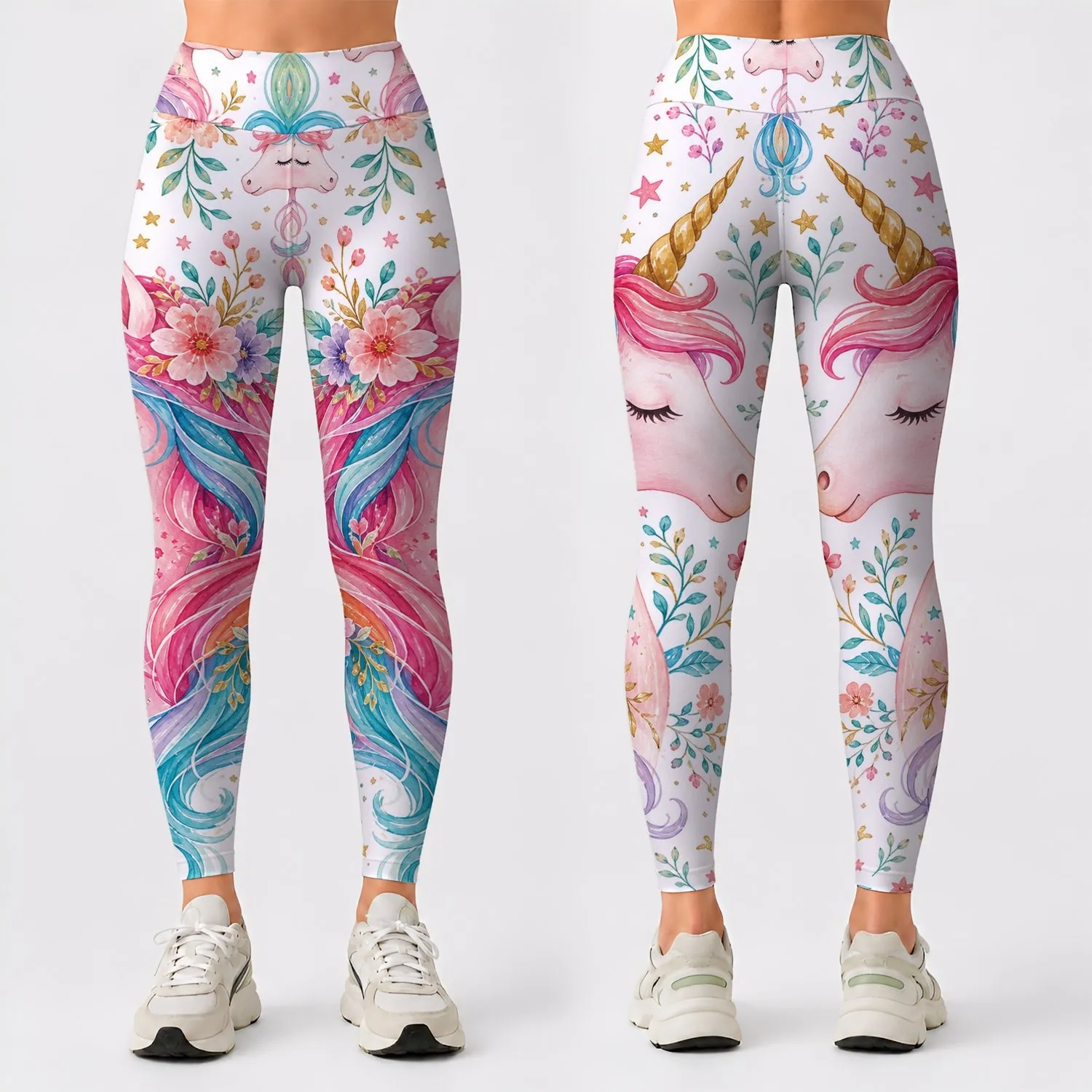 Watercolor Fashion Unicorns With Rainbow Manes For Yoga Studio Lounge And Vacation Leggings - 1