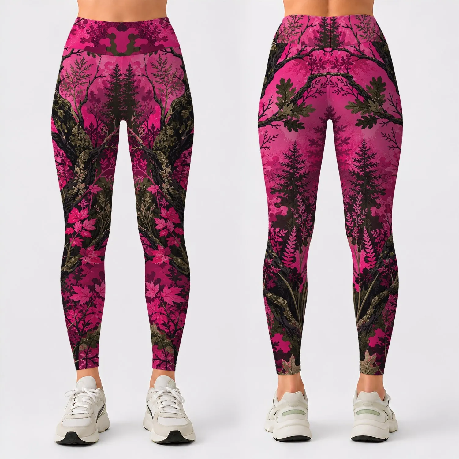 Hot Pink Woodland Camo Tree Branches For Yoga Gym Running And Outdoor Fitness Style Leggings - 1